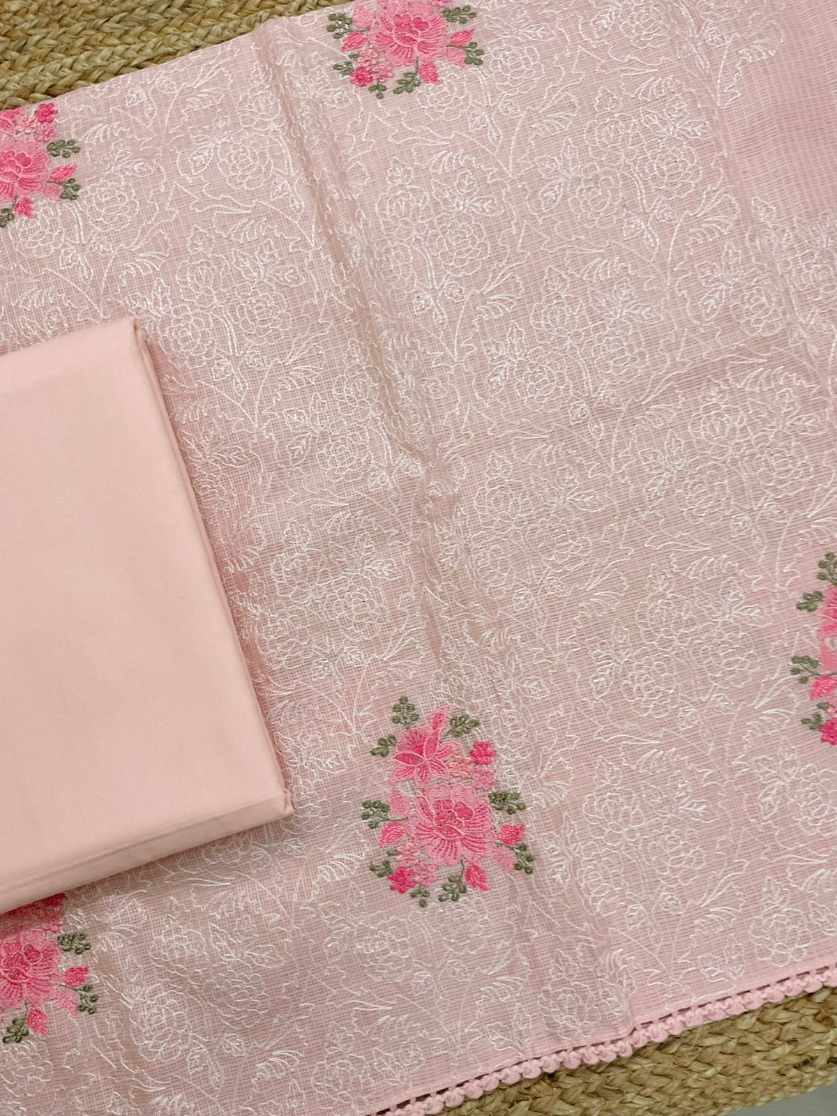 Soft Kota Silk Embroidered Suit - Peach