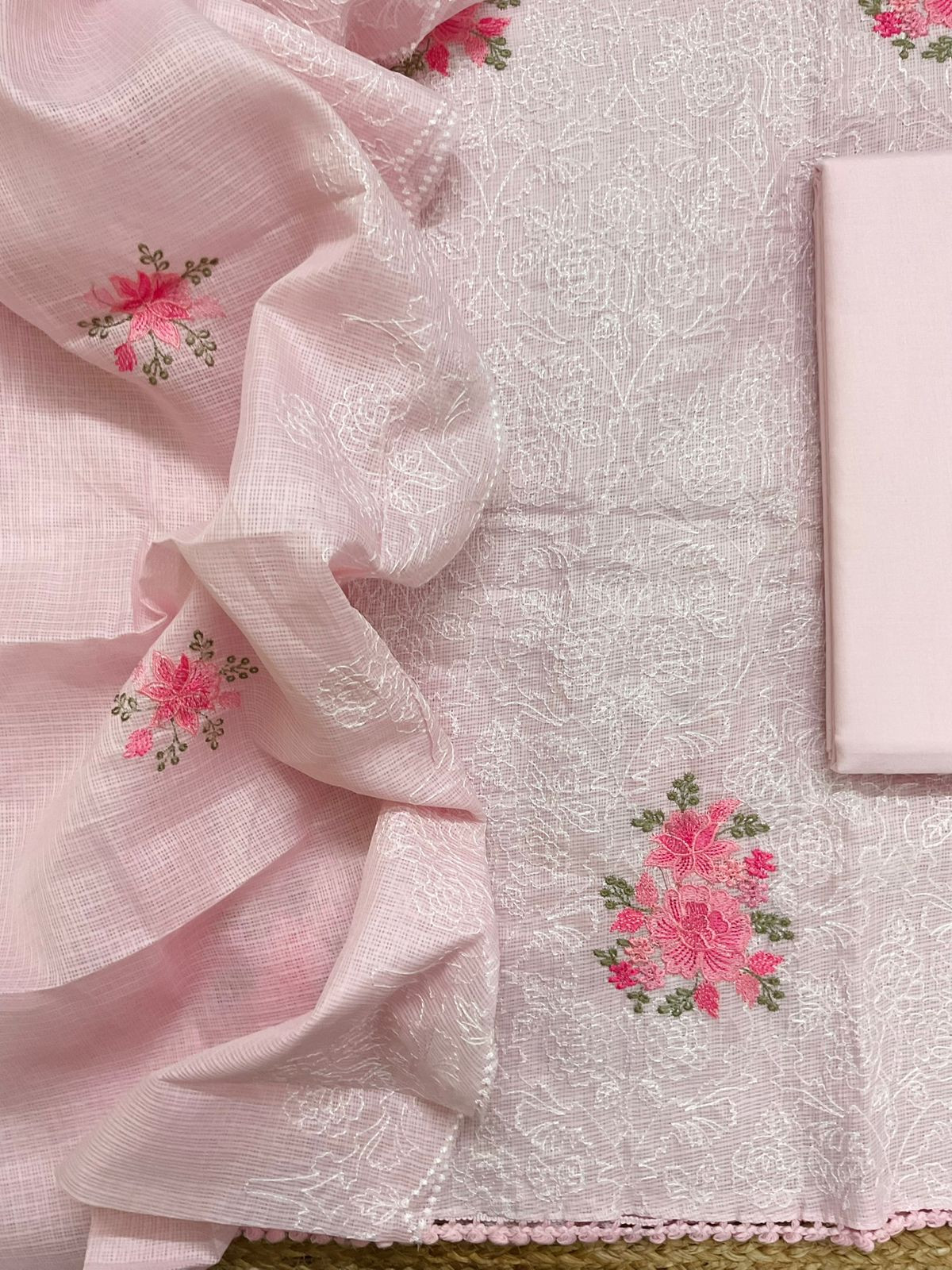 Soft Kota Silk Embroidered Suit - Pink