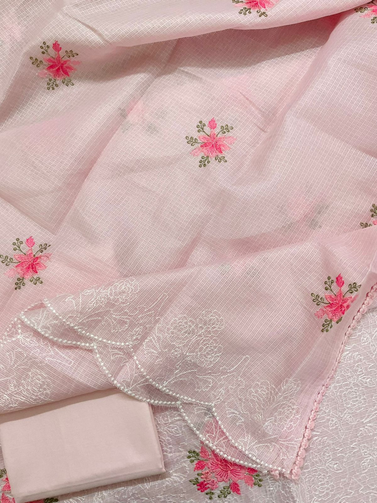 Soft Kota Silk Embroidered Suit - Pink
