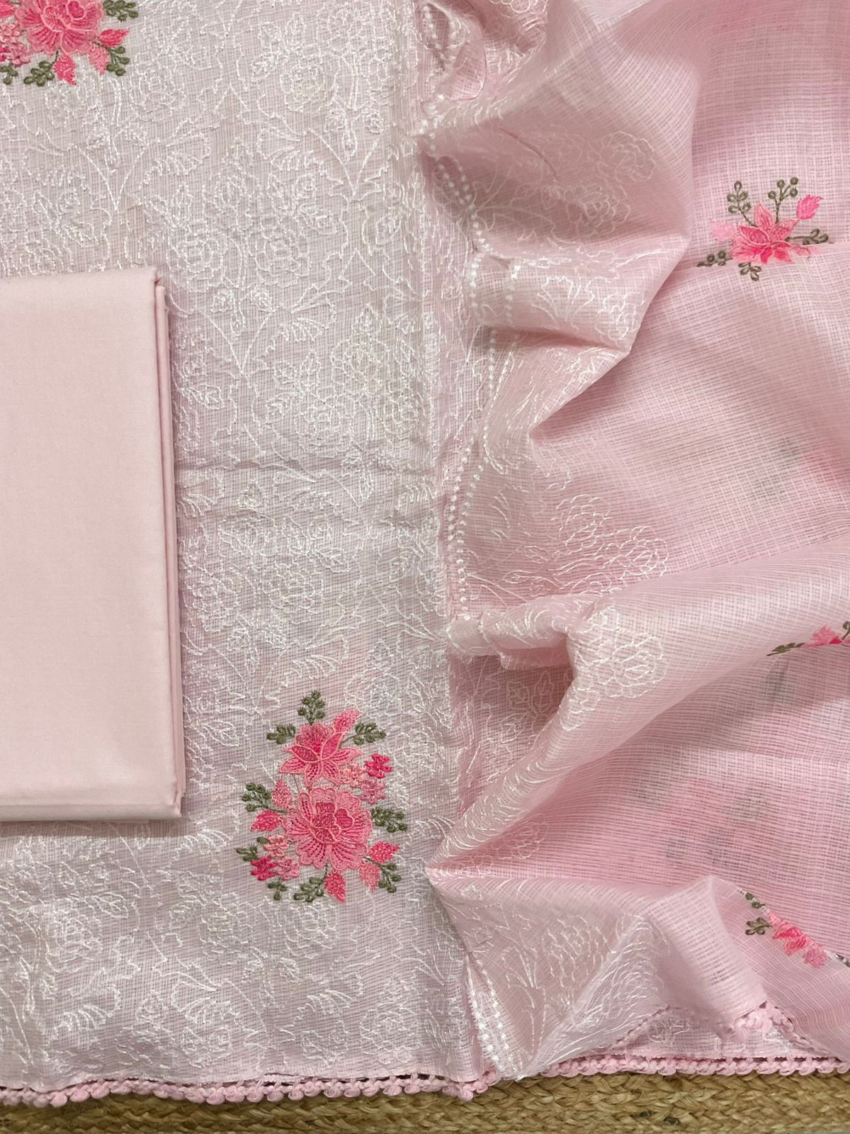 Soft Kota Silk Embroidered Suit - Pink