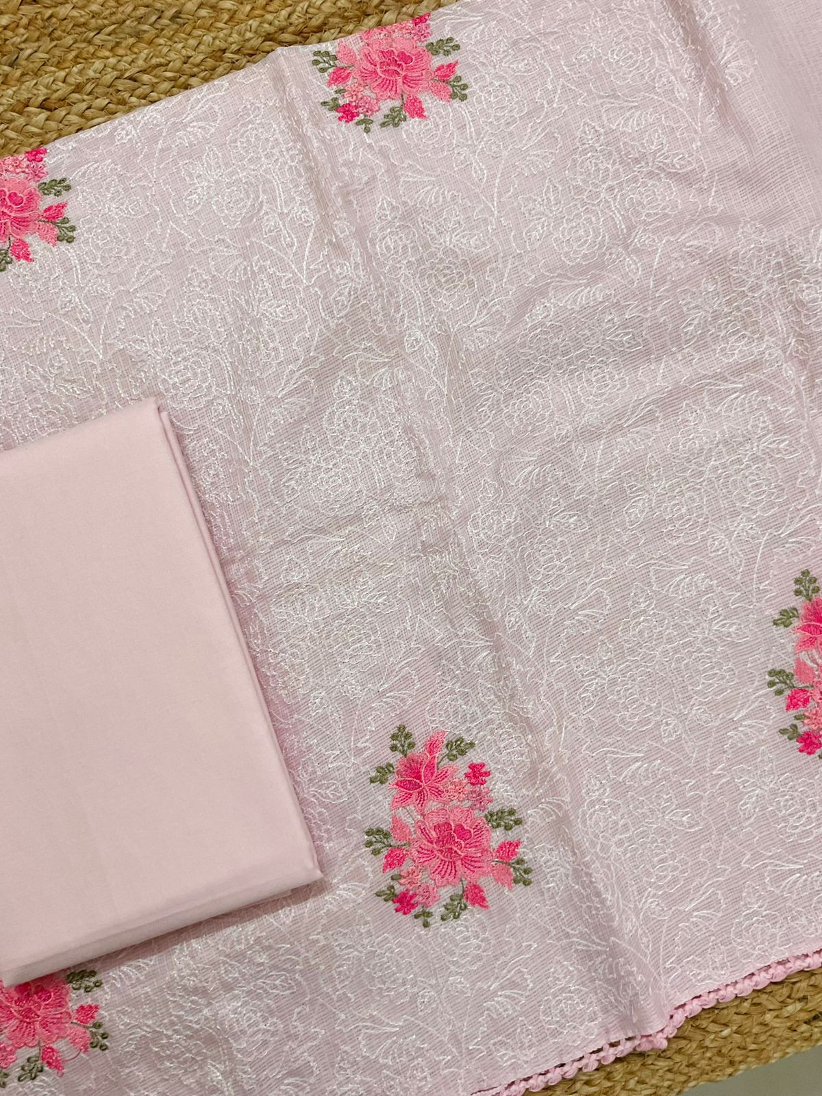 Soft Kota Silk Embroidered Suit - Pink