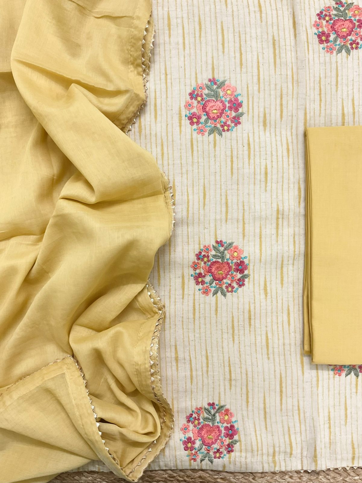 Pure Jute Cotton Printed Embroidered Suit - Yellow