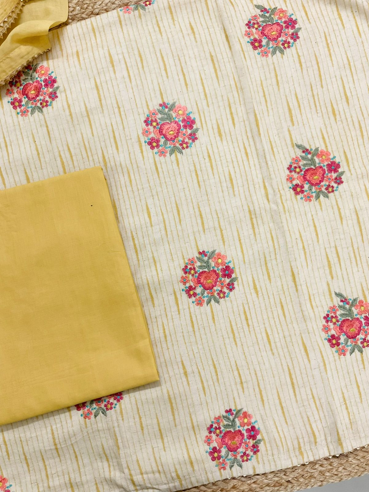 Pure Jute Cotton Printed Embroidered Suit - Yellow