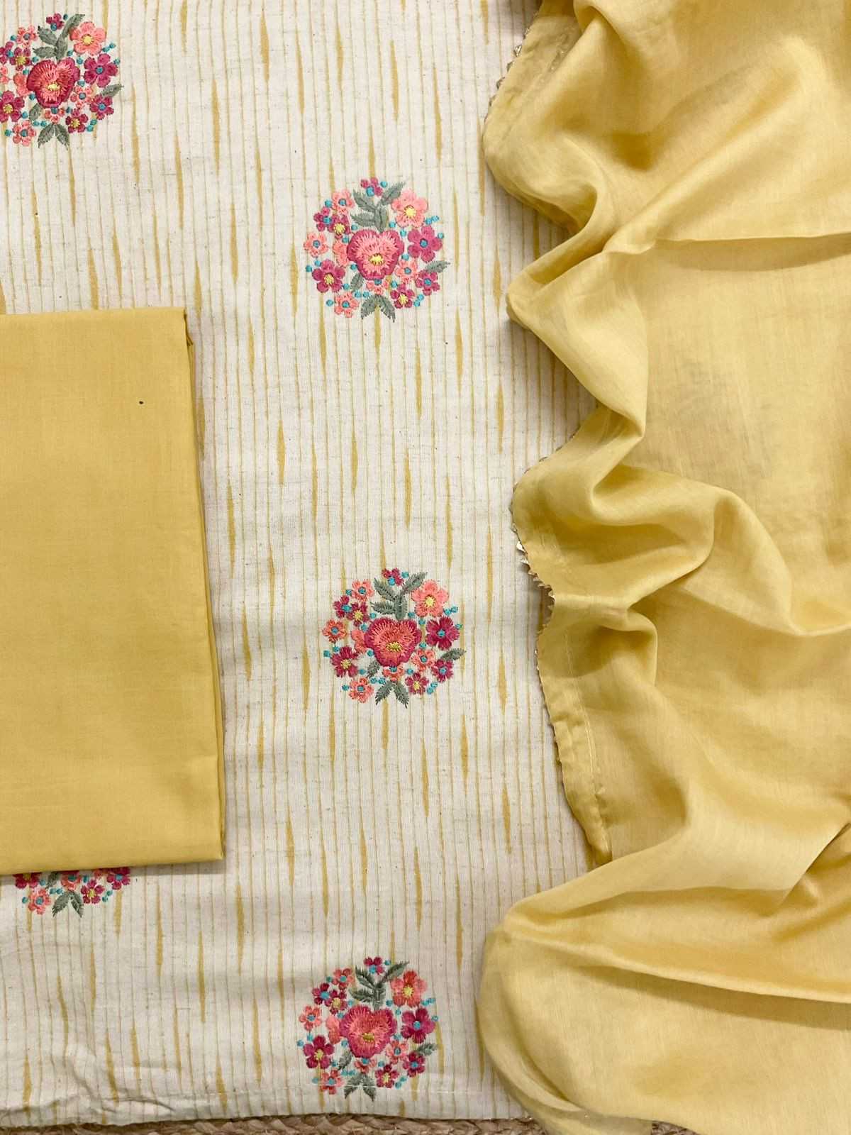 Pure Jute Cotton Printed Embroidered Suit - Yellow