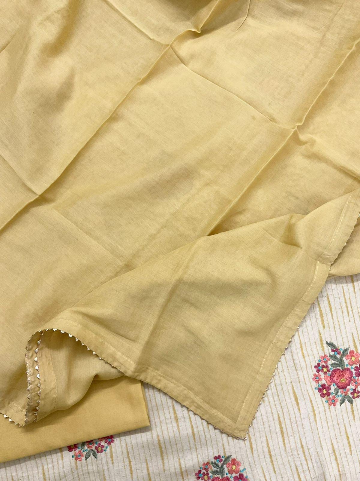 Pure Jute Cotton Printed Embroidered Suit - Yellow