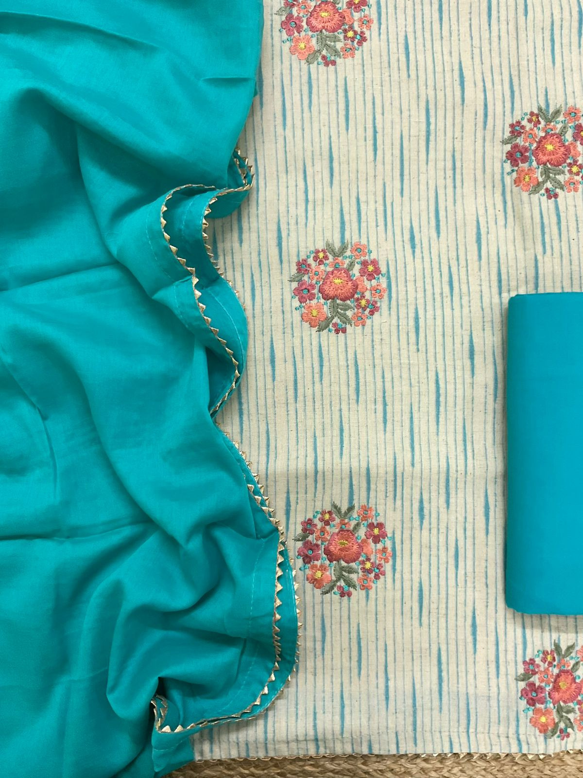 Pure Jute Cotton Printed Embroidered Suit - Blue