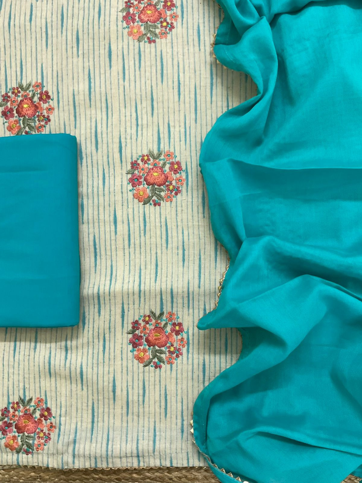 Pure Jute Cotton Printed Embroidered Suit - Blue