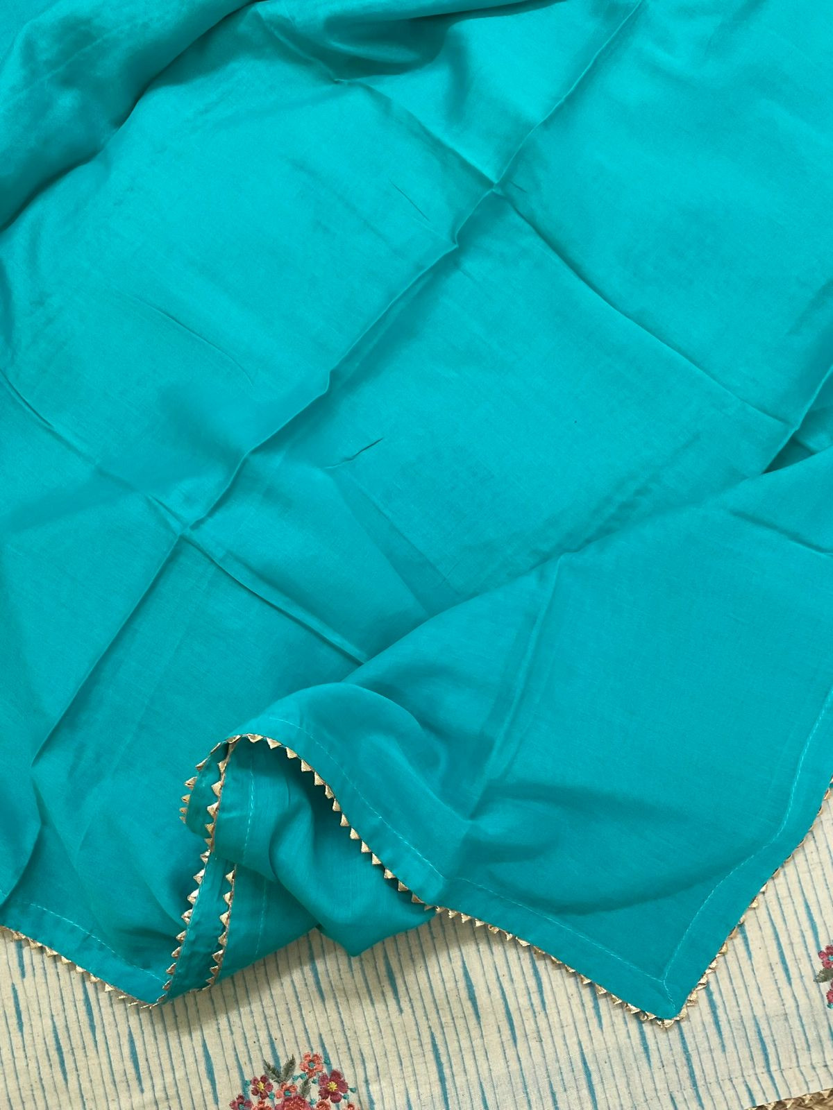 Pure Jute Cotton Printed Embroidered Suit - Blue