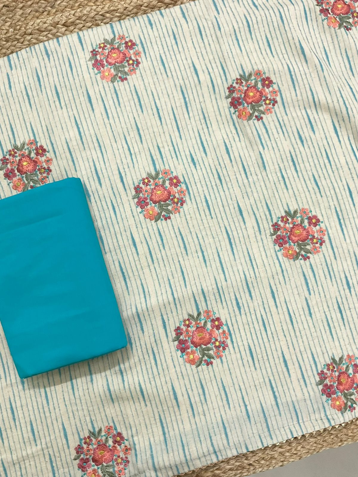 Pure Jute Cotton Printed Embroidered Suit - Blue