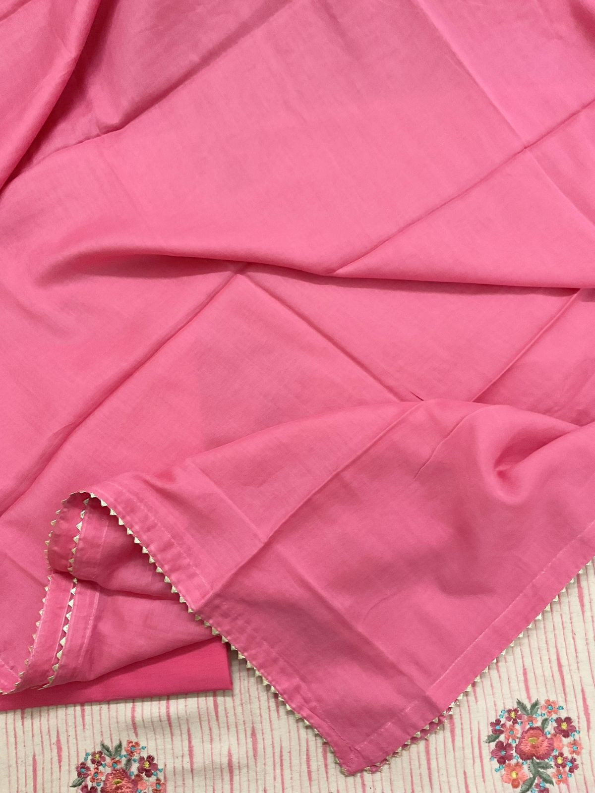 Pure Jute Cotton Printed Embroidered Suit - Pink