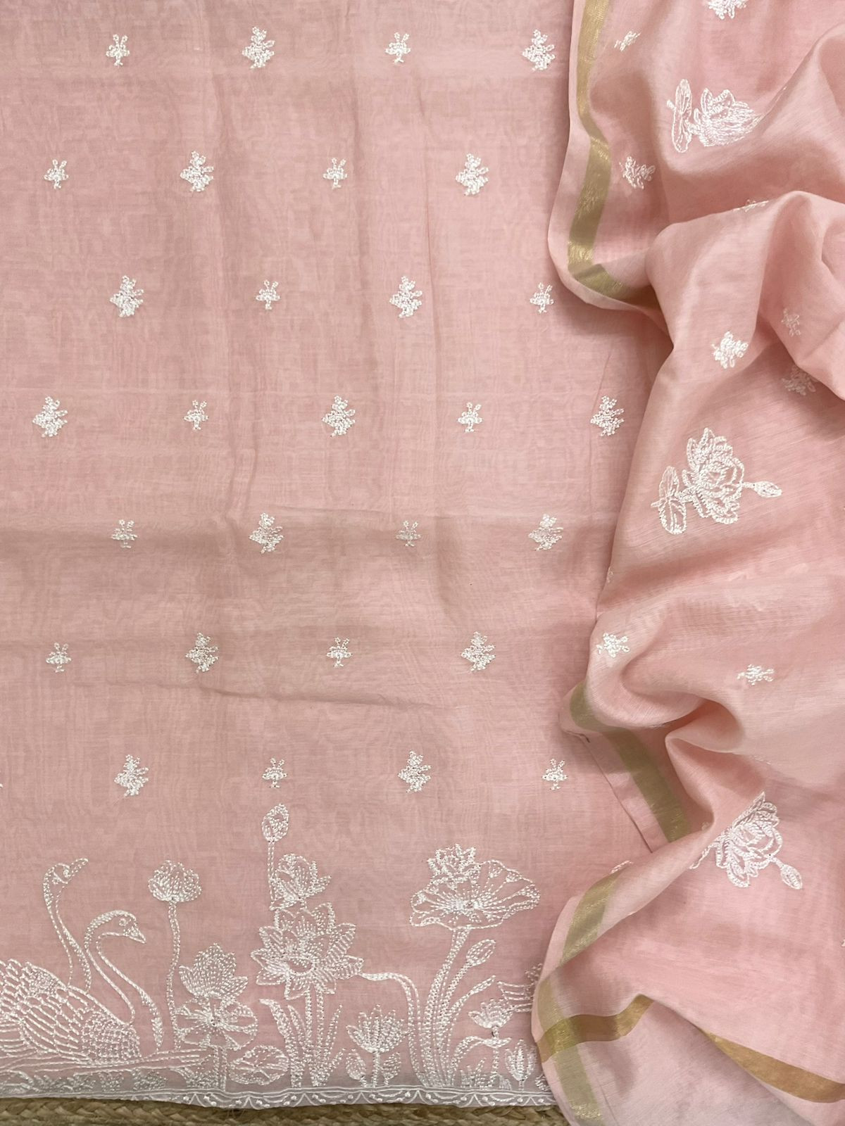 Soft Chanderi Embroidered Suit - Peach