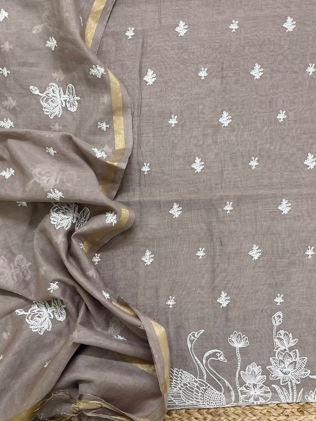 Soft Chanderi Embroidered Suit - Brown