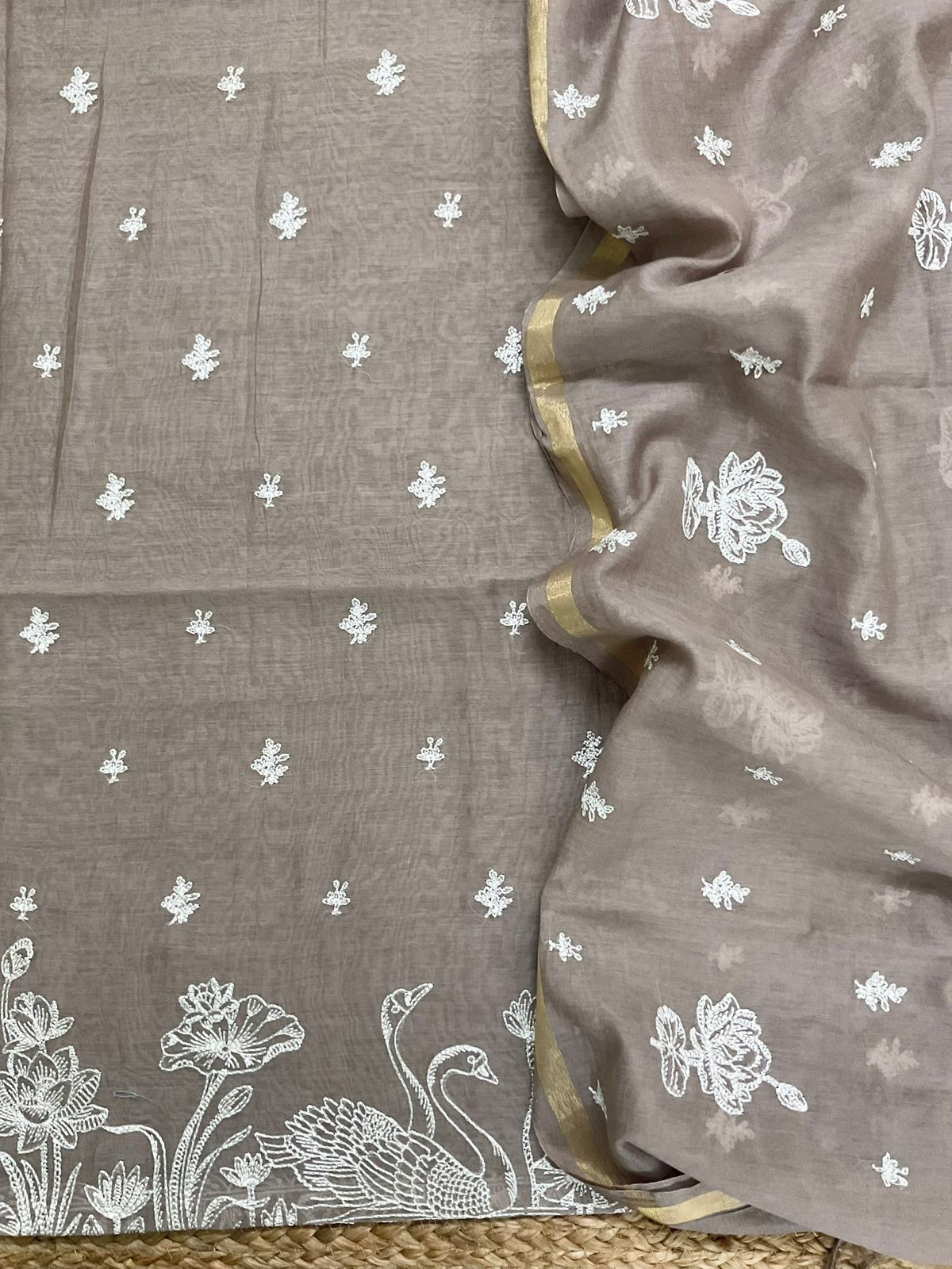 Soft Chanderi Embroidered Suit - Brown