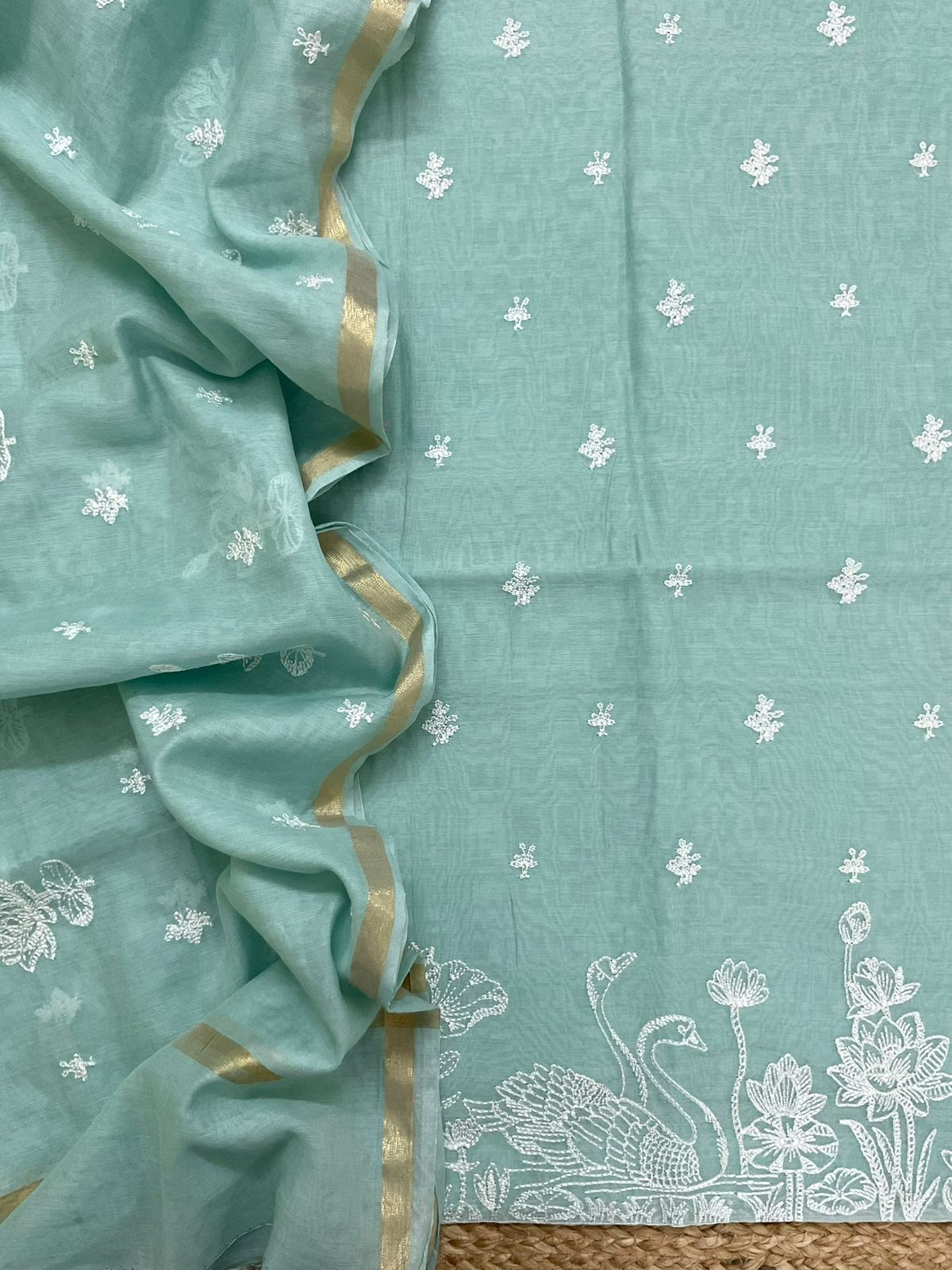 Soft Chanderi Embroidered Suit - Sea Green