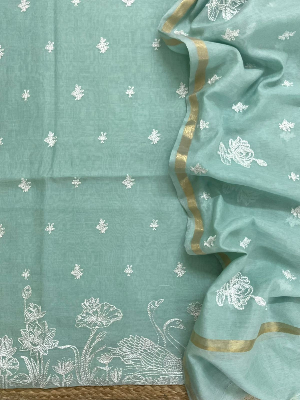 Soft Chanderi Embroidered Suit - Sea Green