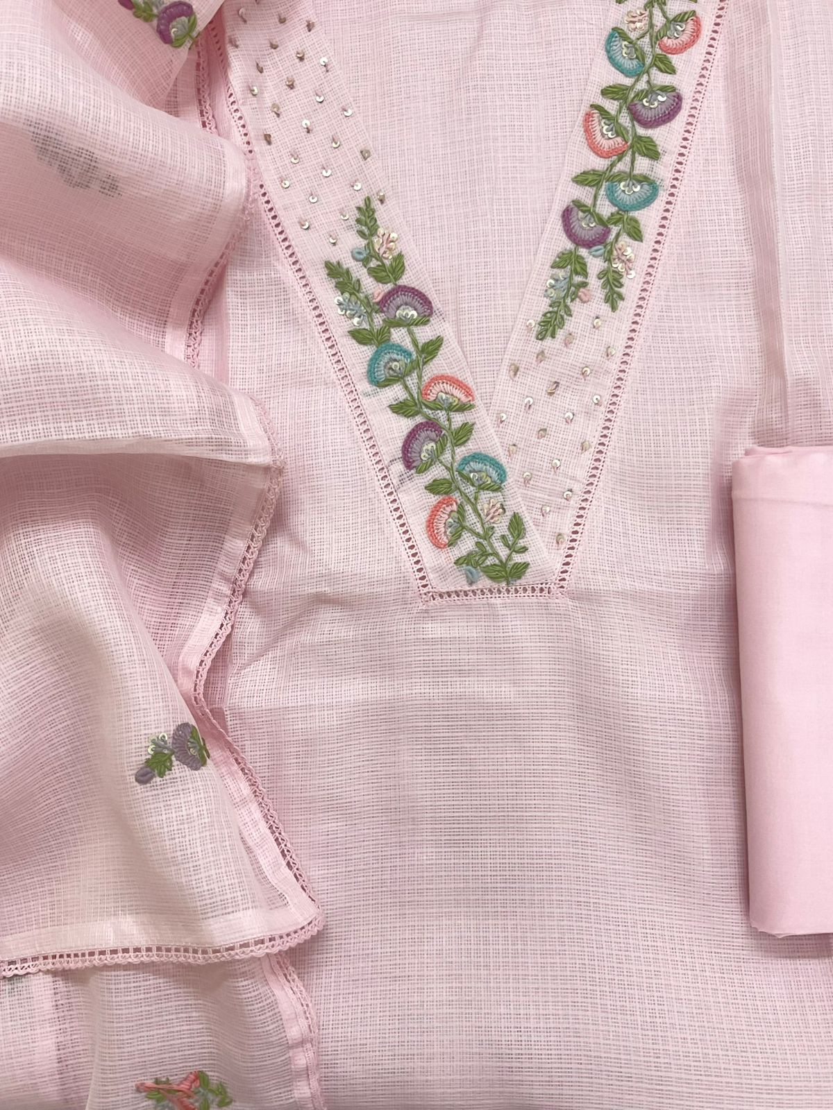 Soft Kota Silk Embroidered Suit - Pink