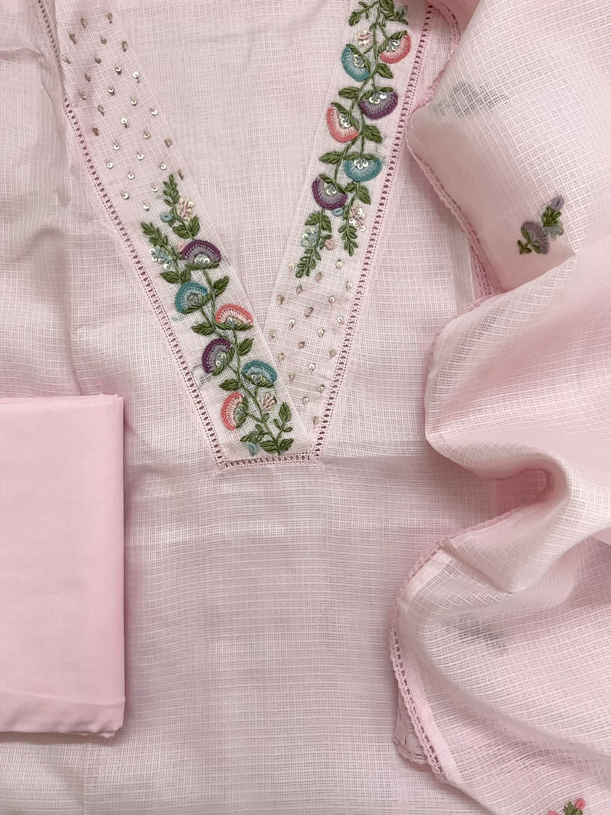 Soft Kota Silk Embroidered Suit - Pink