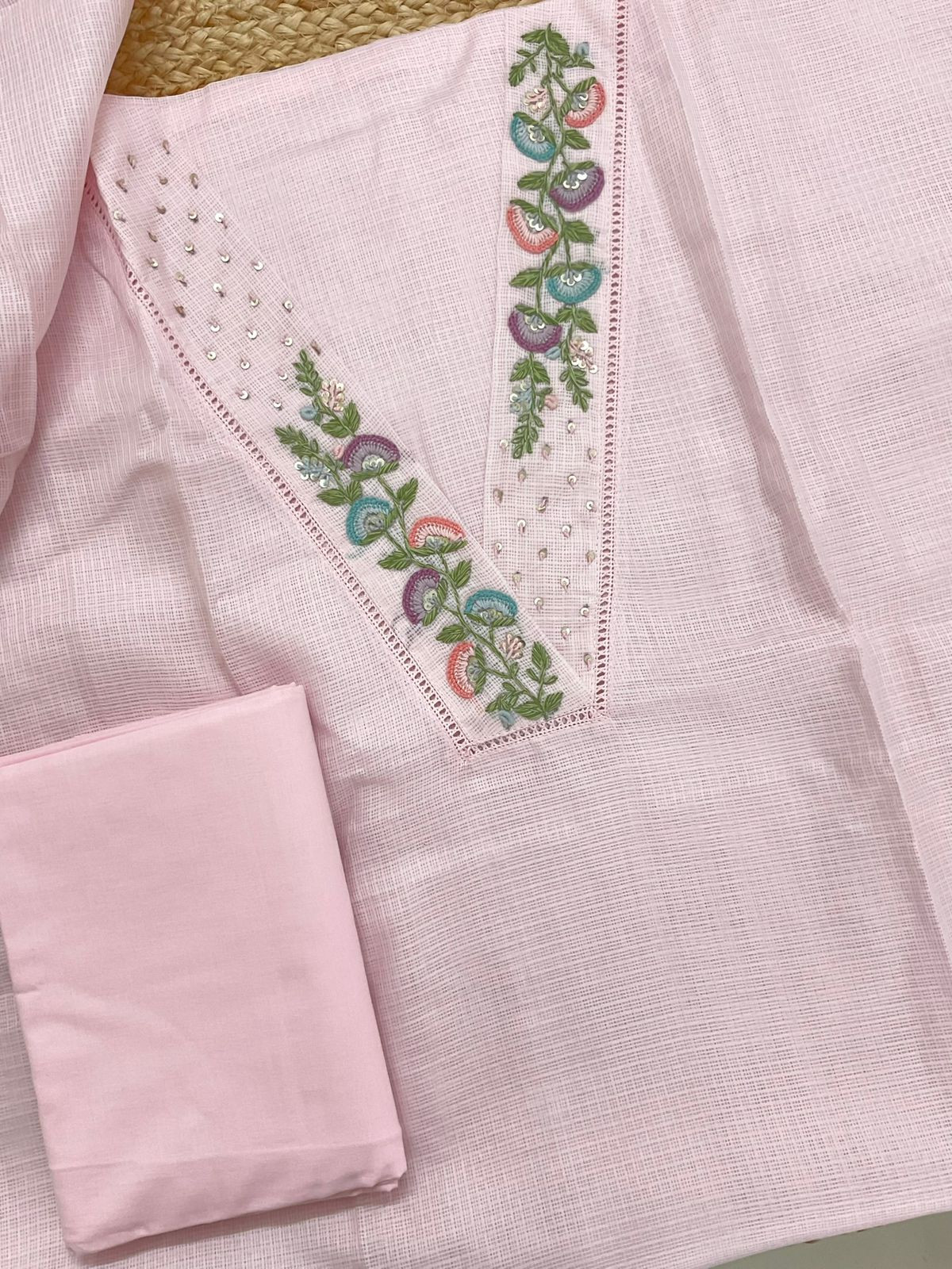 Soft Kota Silk Embroidered Suit - Pink