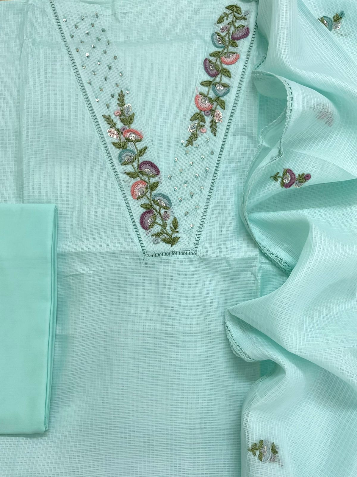 Soft Kota Silk Embroidered Suit - Blue