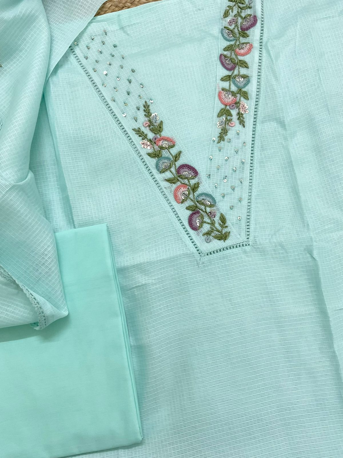 Soft Kota Silk Embroidered Suit - Blue
