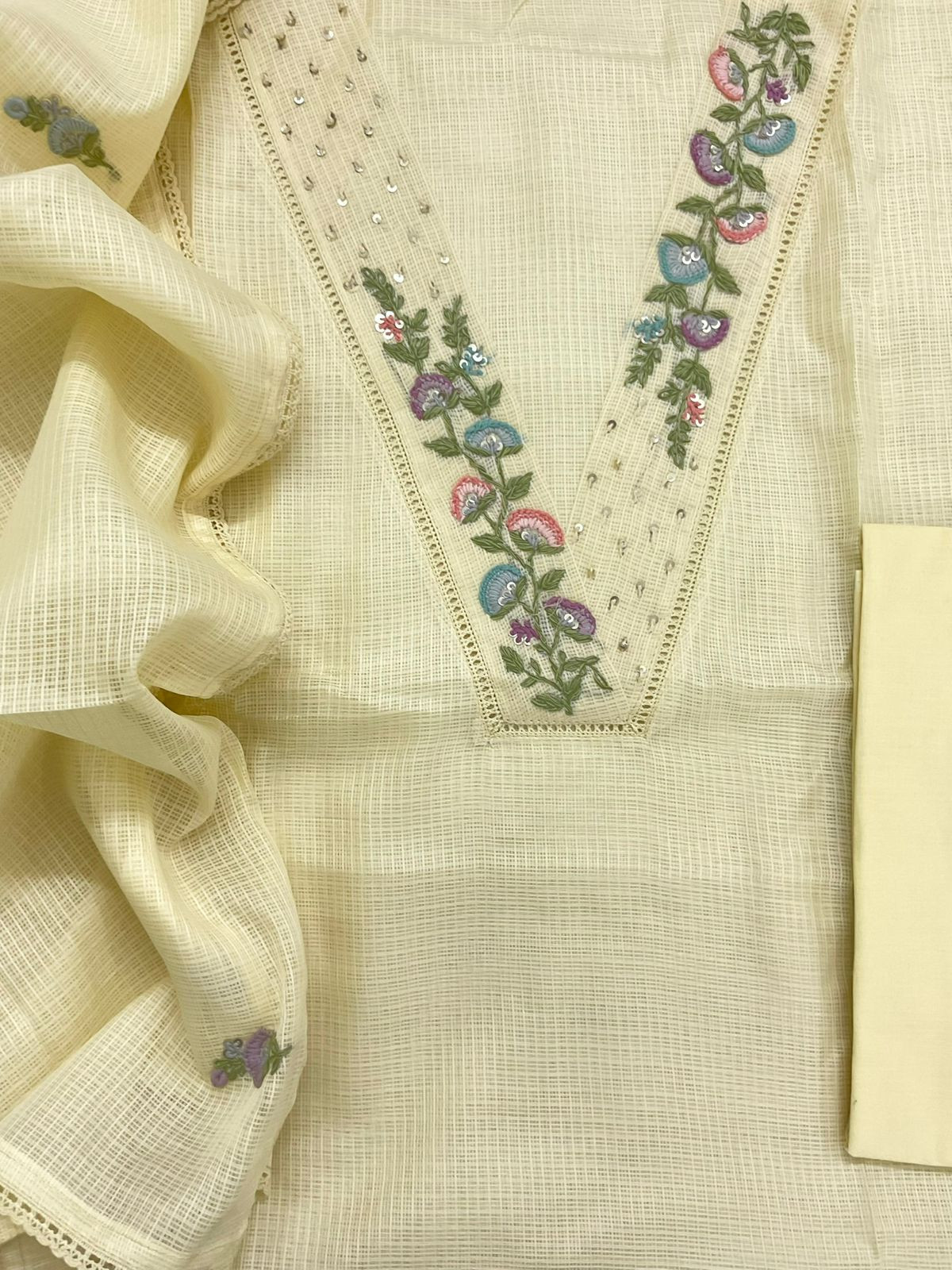 Soft Kota Silk Embroidered Suit - Yellow