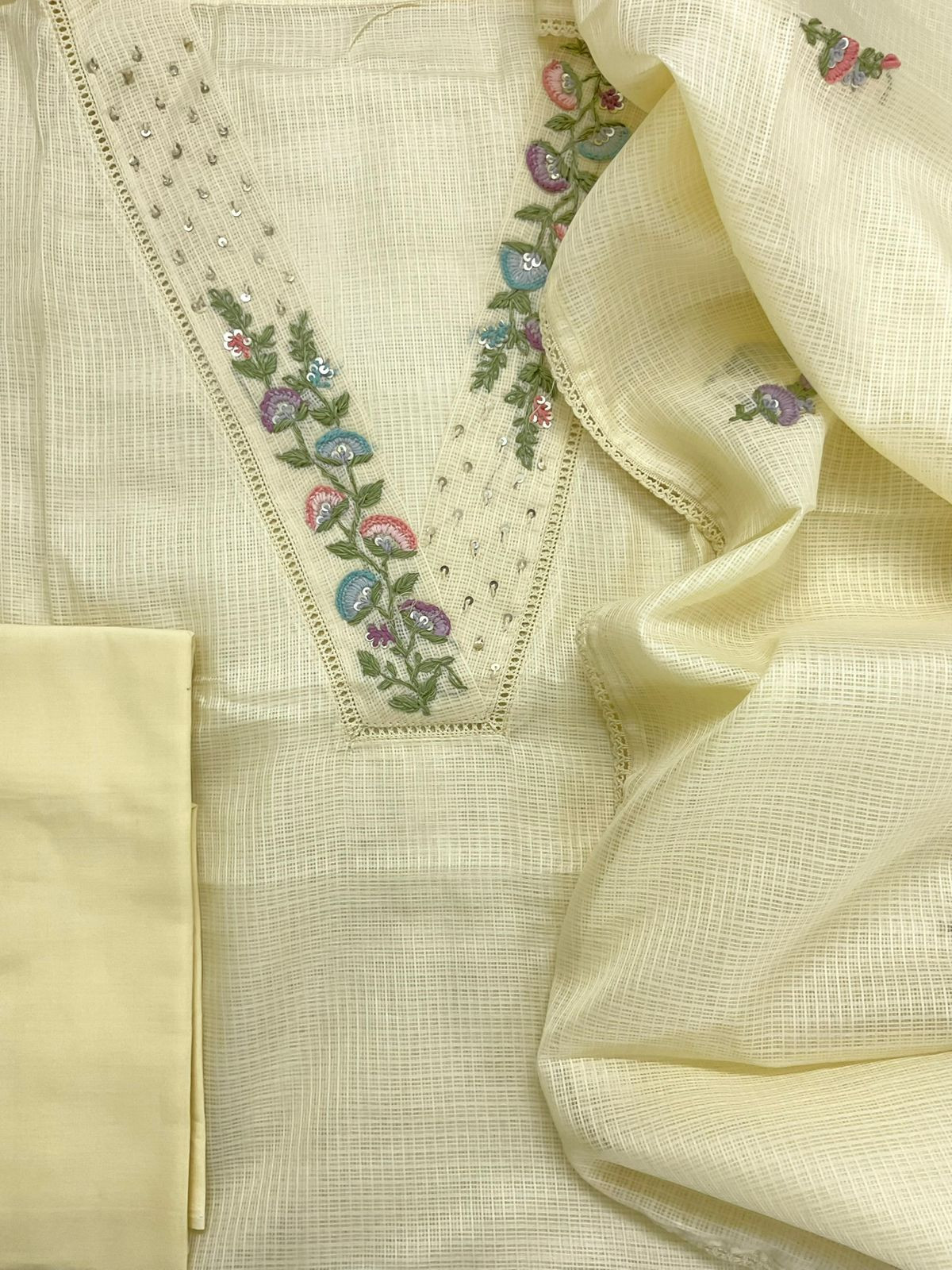 Soft Kota Silk Embroidered Suit - Yellow