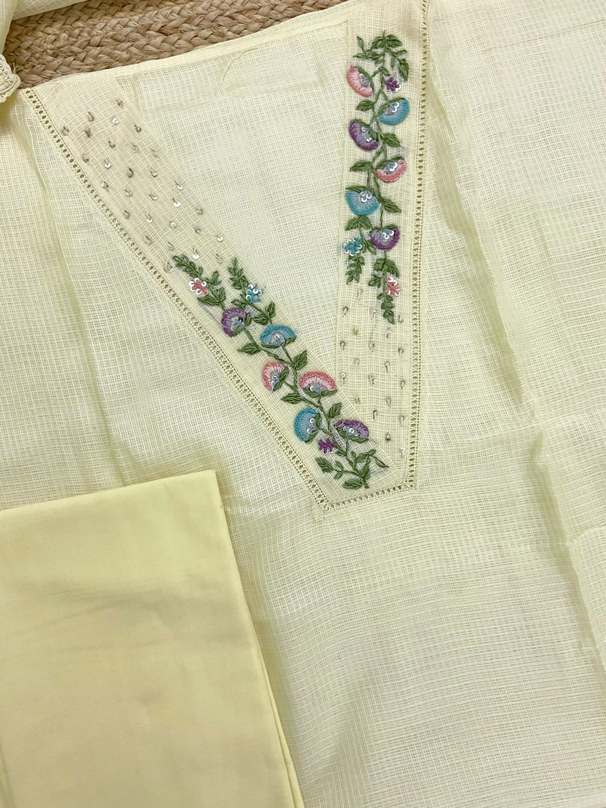 Soft Kota Silk Embroidered Suit - Yellow