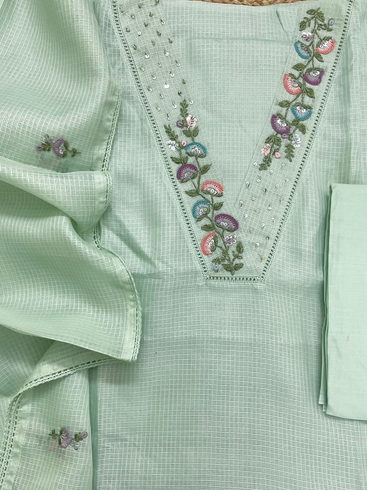 Soft Kota Silk Embroidered Suit - Green