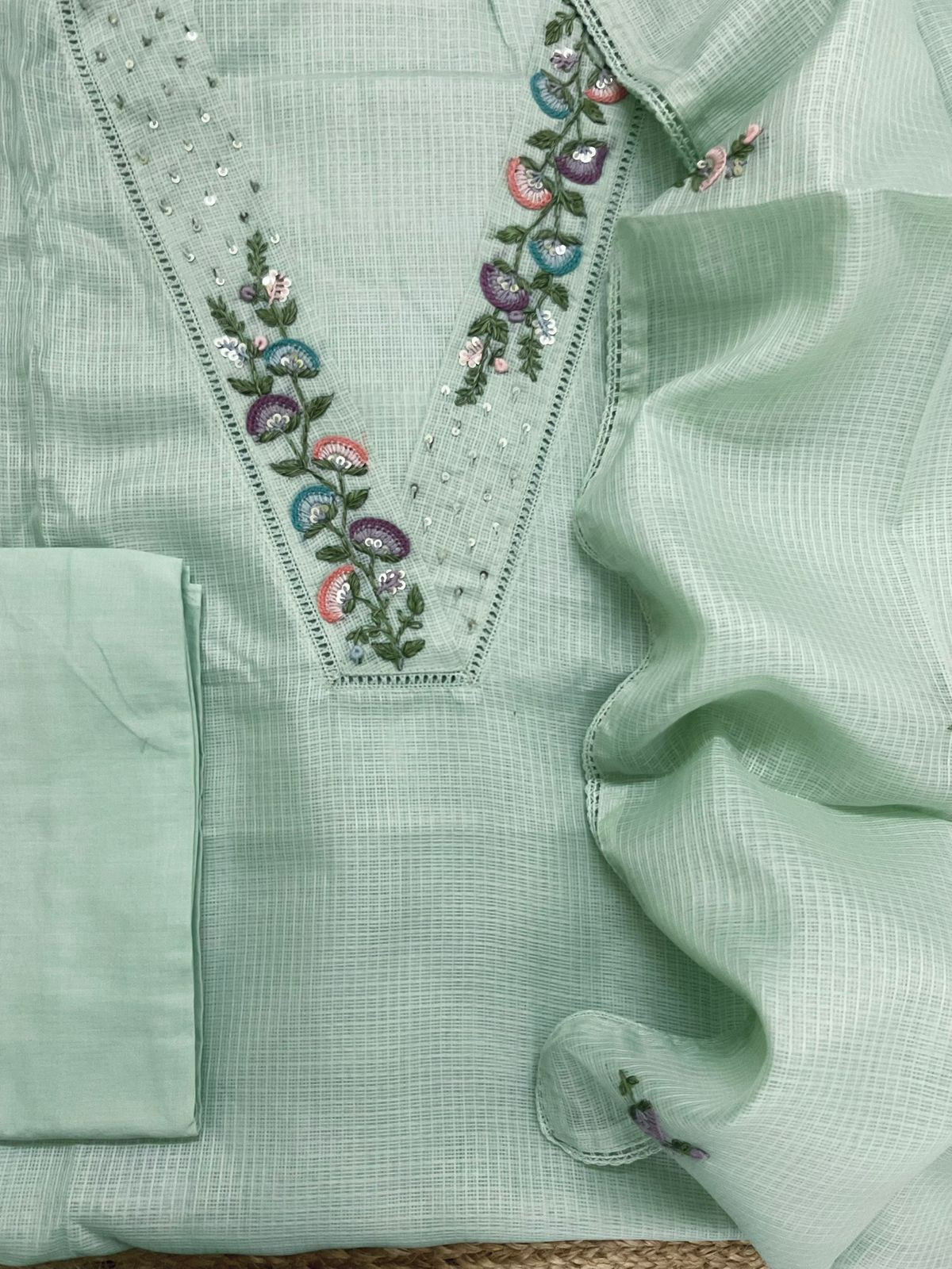 Soft Kota Silk Embroidered Suit - Green