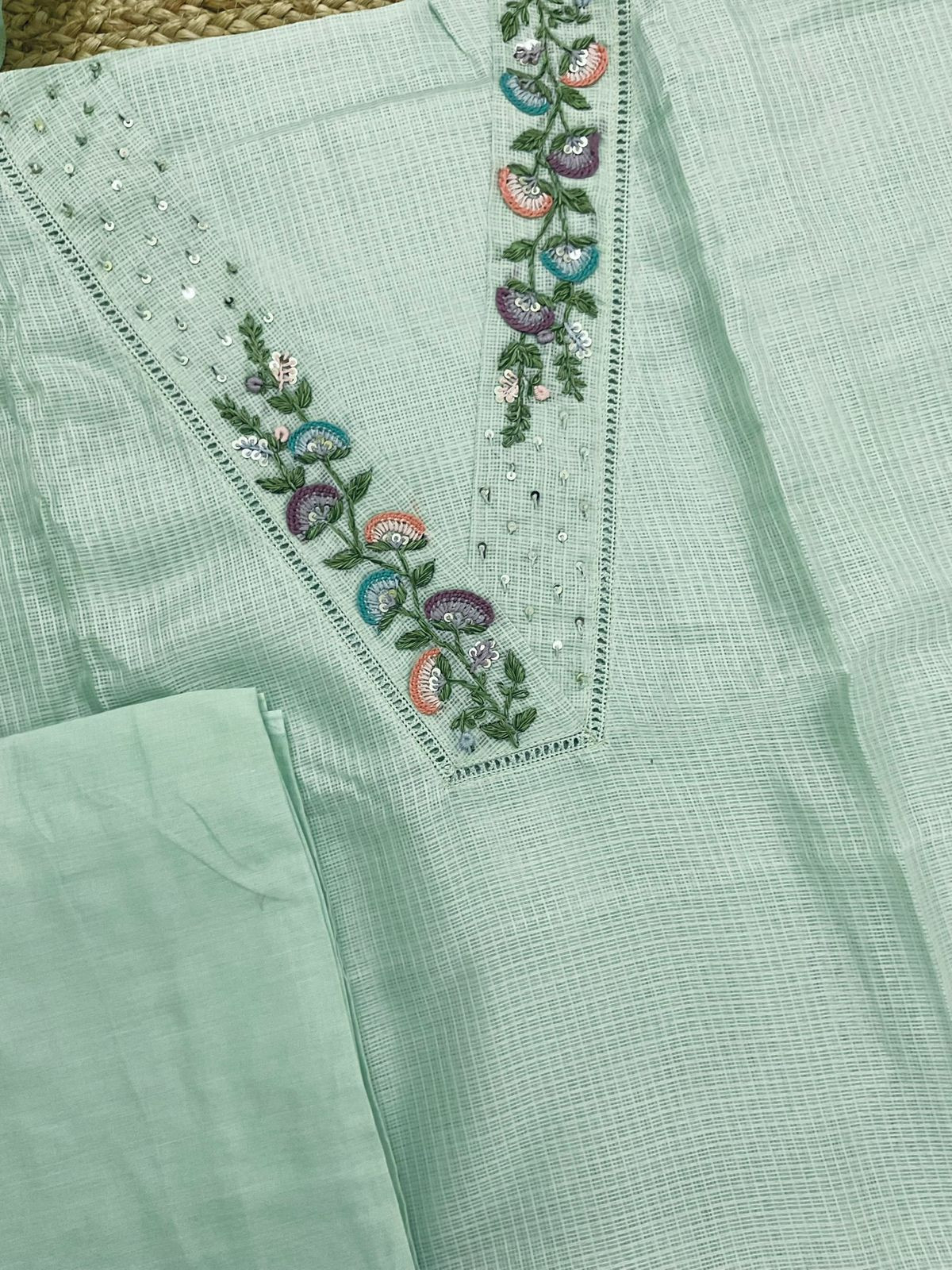 Soft Kota Silk Embroidered Suit - Green