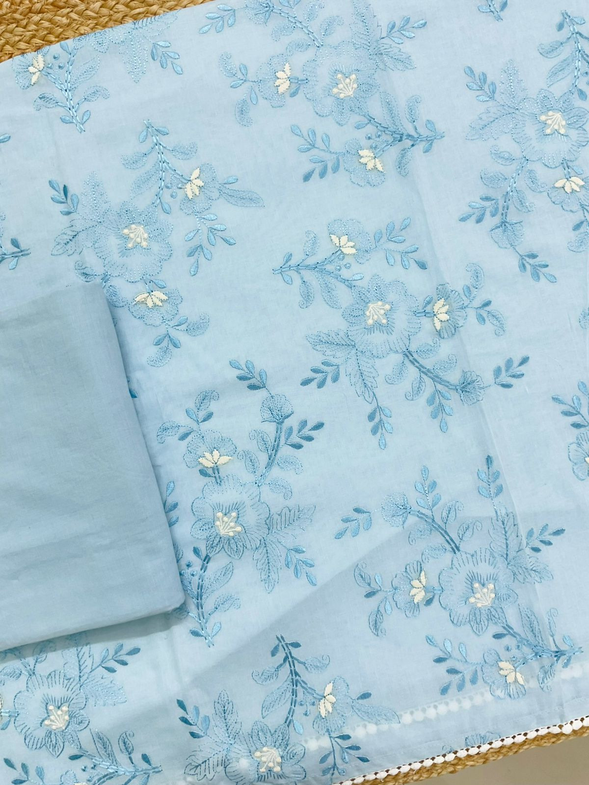 Pure Cotton Printed Embroidered Suit - Blue