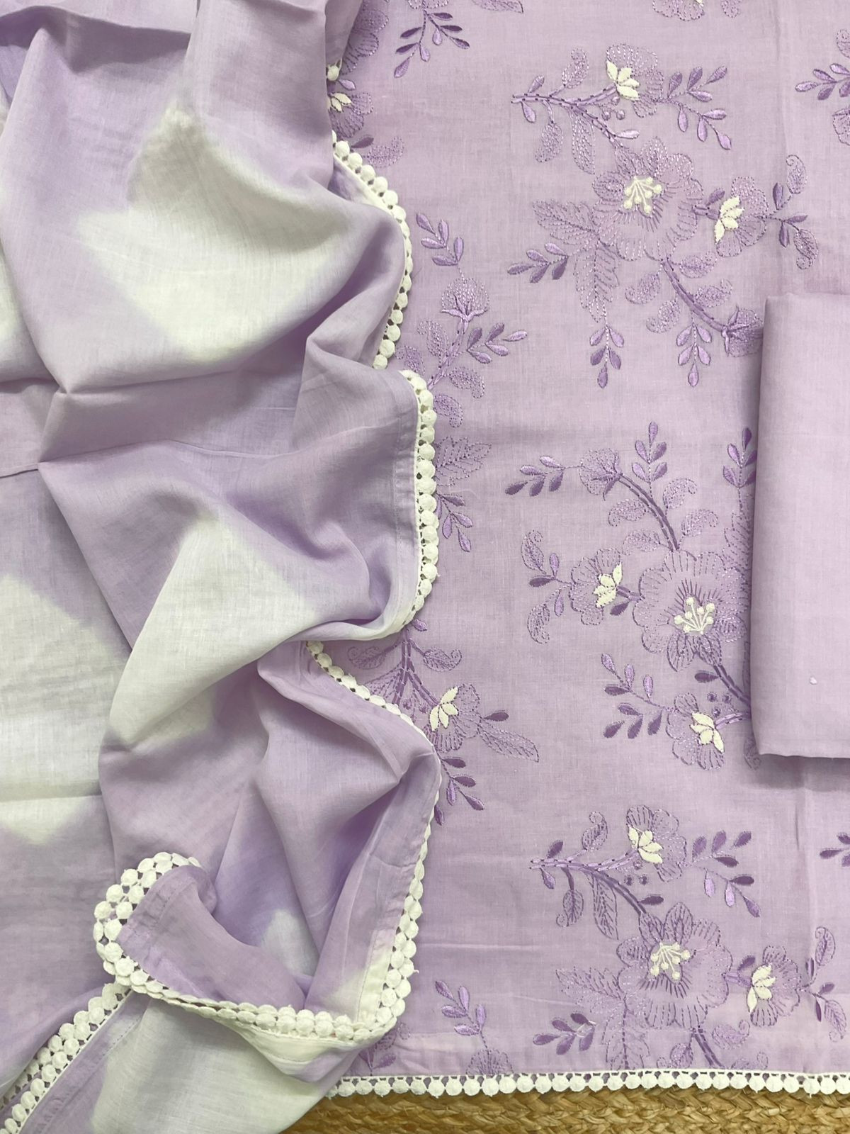 Pure Cotton Printed Embroidered Suit - Lavender