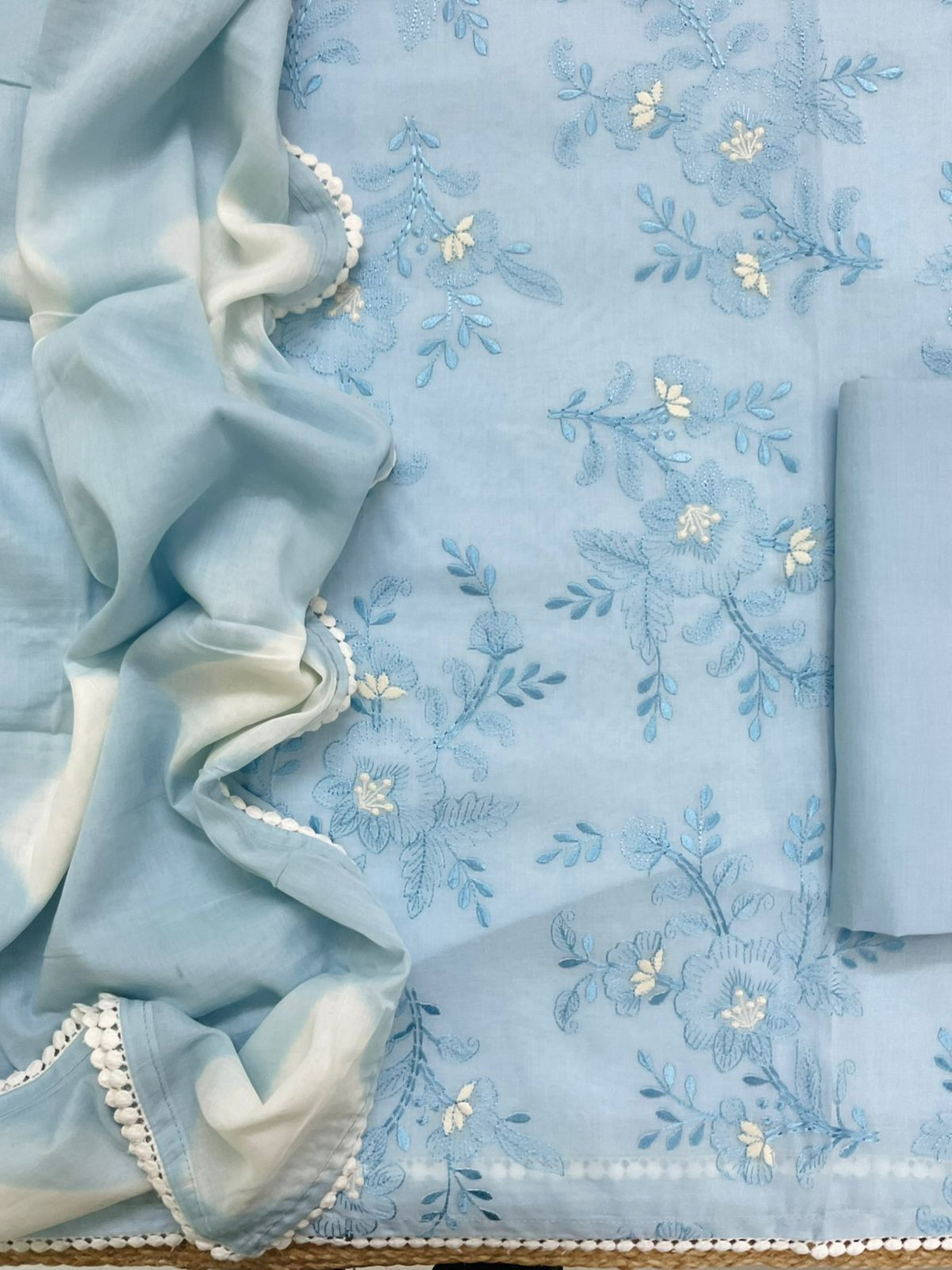 Pure Cotton Printed Embroidered Suit - Blue