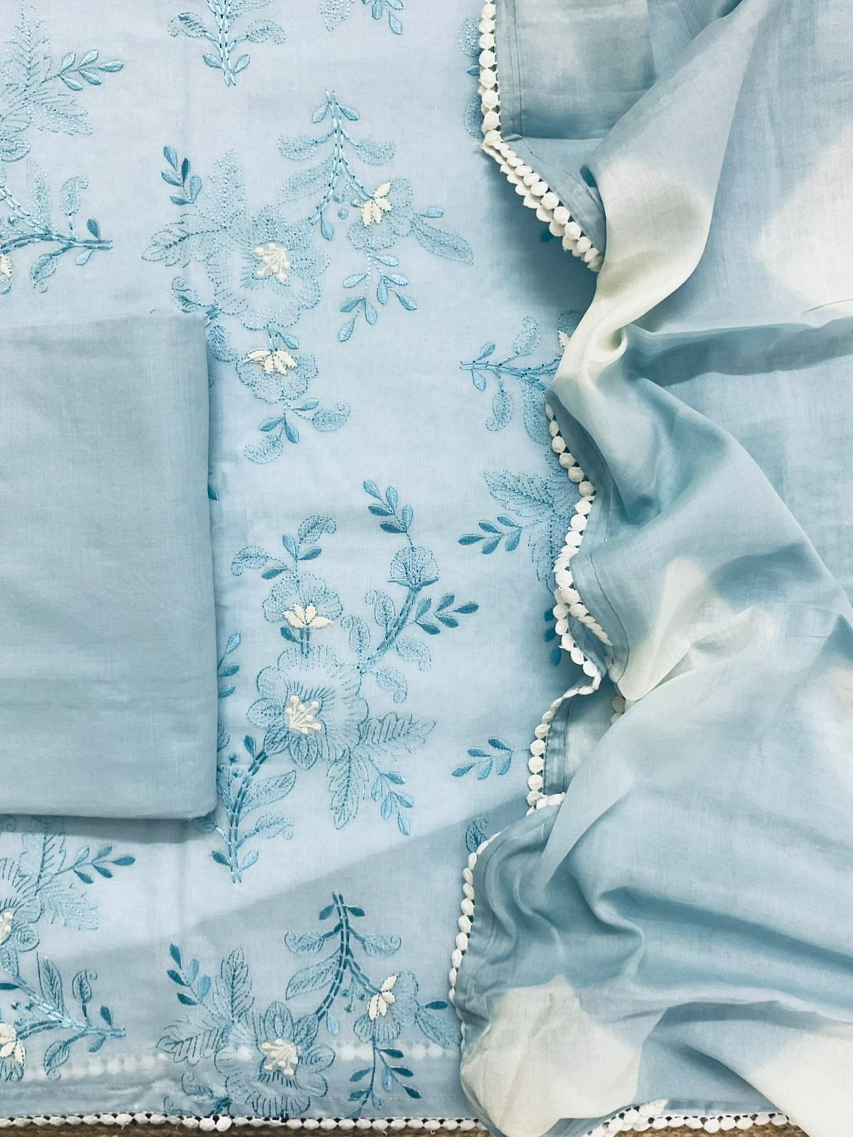 Pure Cotton Printed Embroidered Suit - Blue