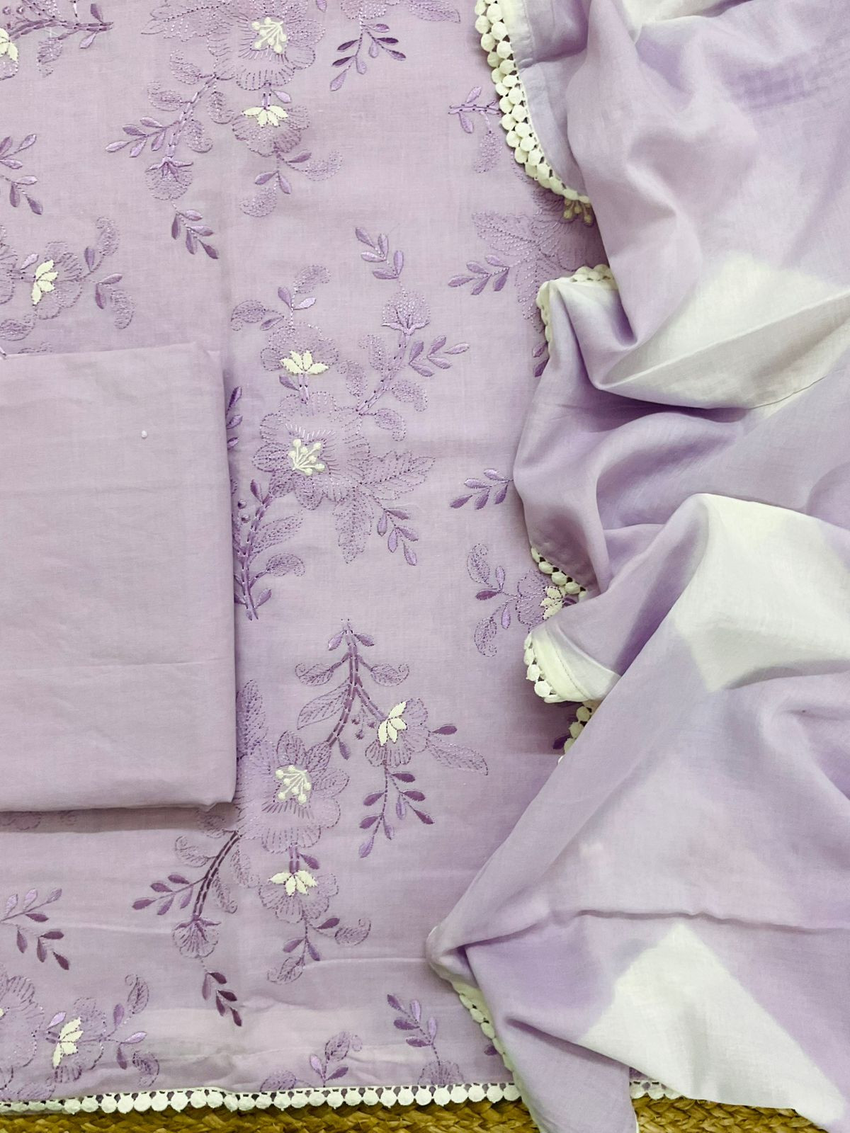 Pure Cotton Printed Embroidered Suit - Lavender