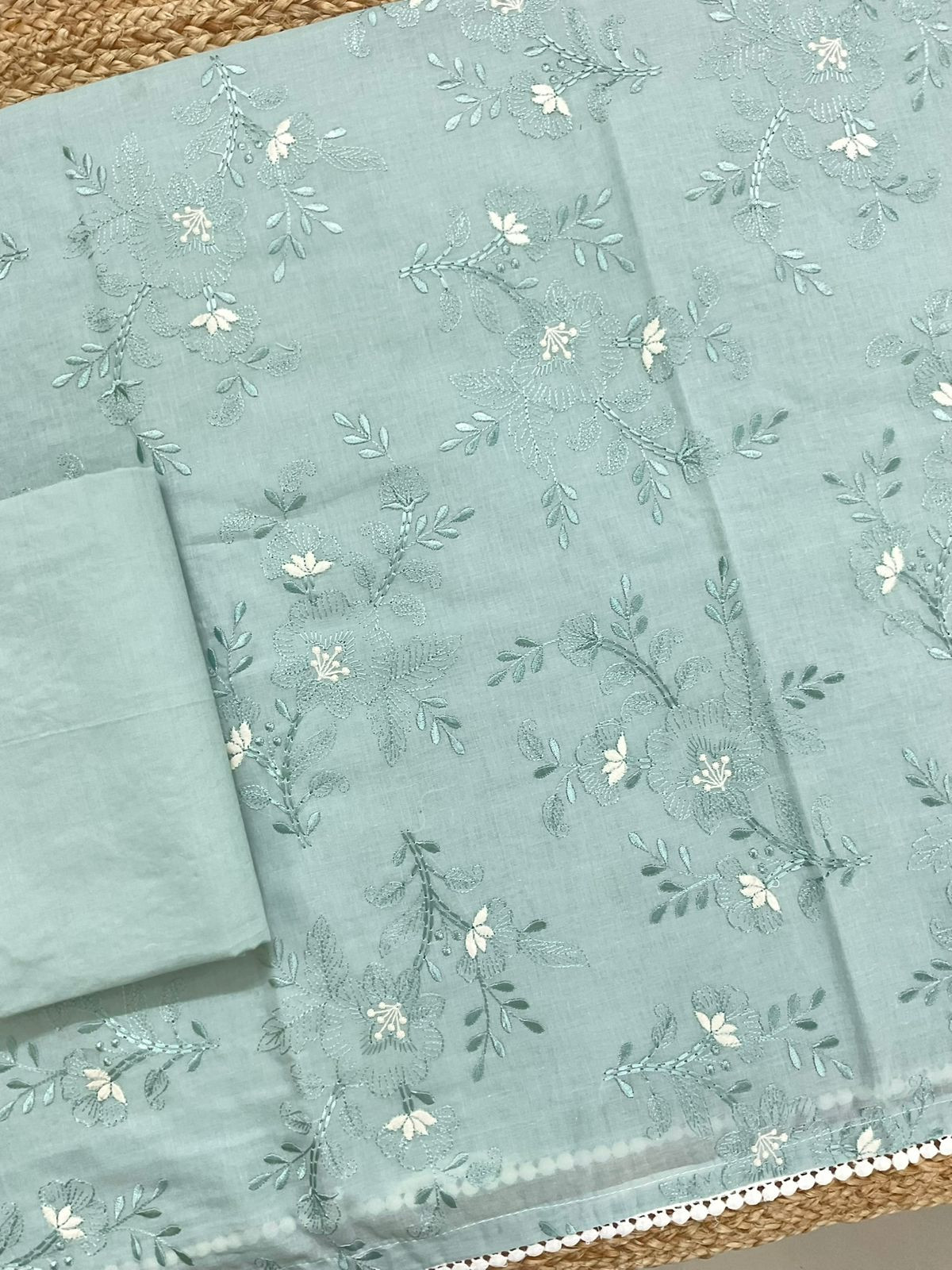 Pure Cotton Printed Embroidered Suit - Green