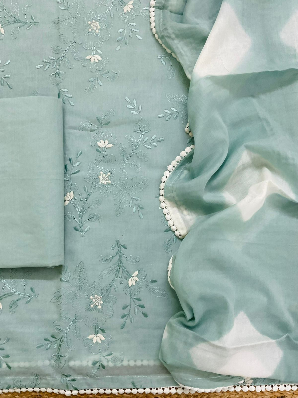 Pure Cotton Printed Embroidered Suit - Green