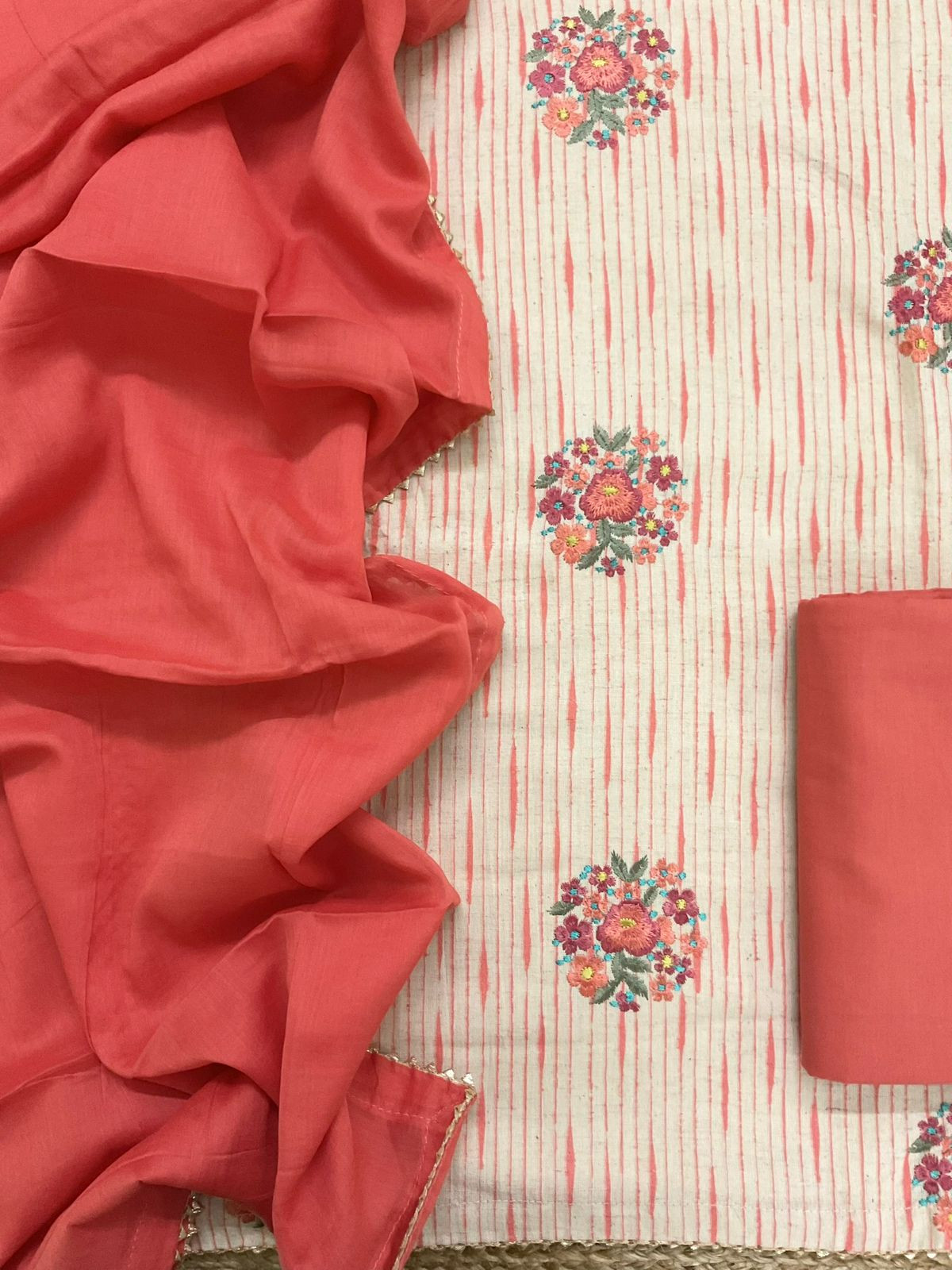Pure Jute Cotton Printed Embroidered Suit - Peach