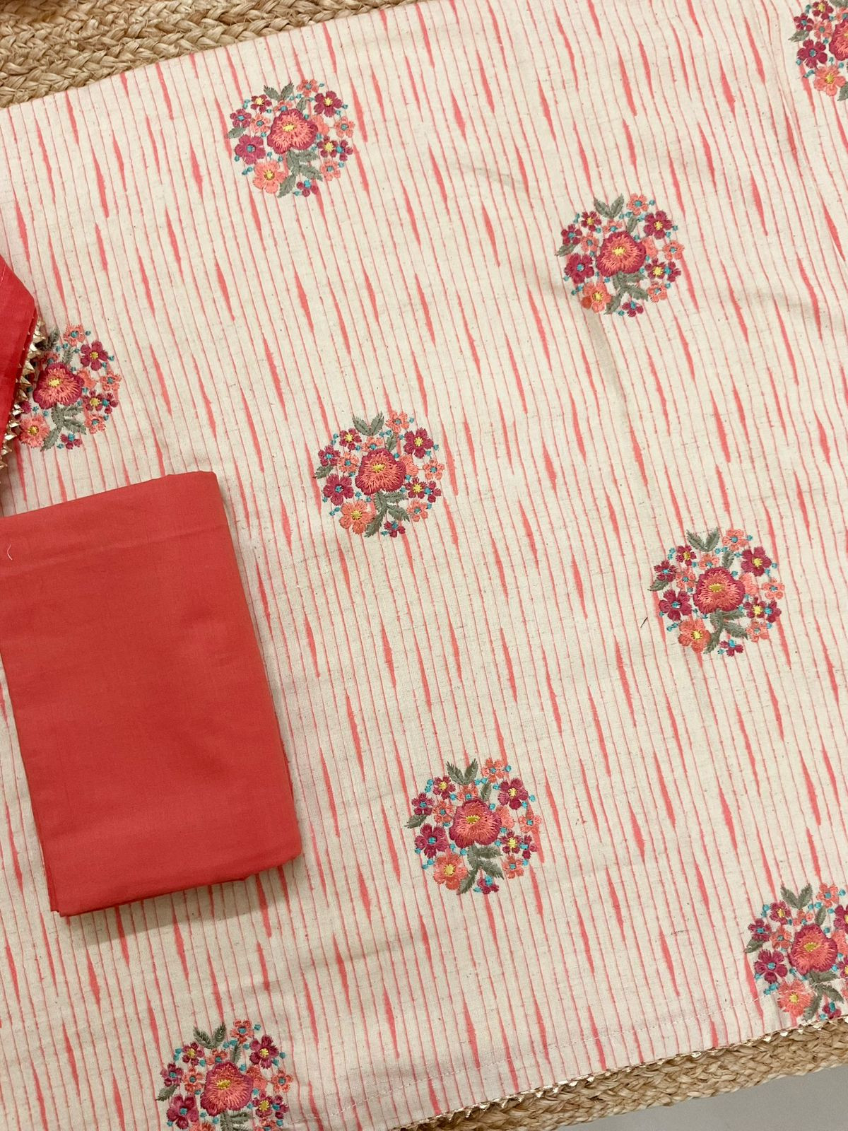 Pure Jute Cotton Printed Embroidered Suit - Peach