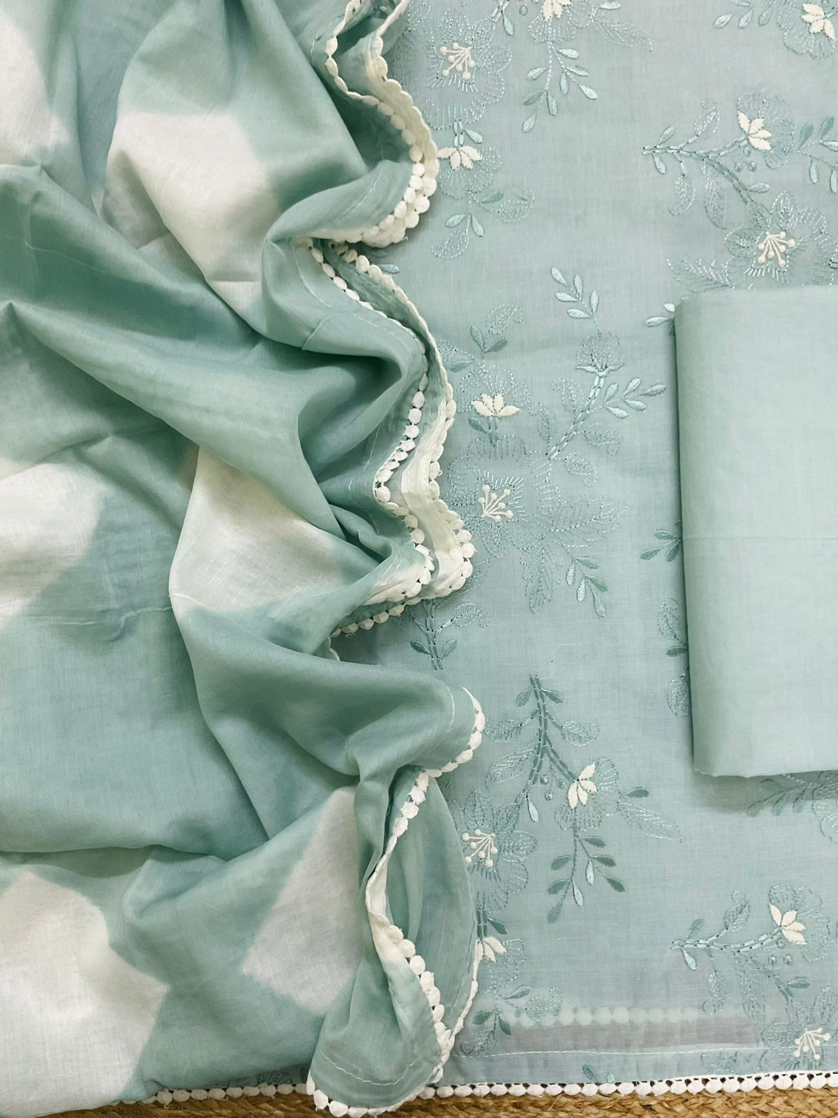 Pure Cotton Printed Embroidered Suit - Green