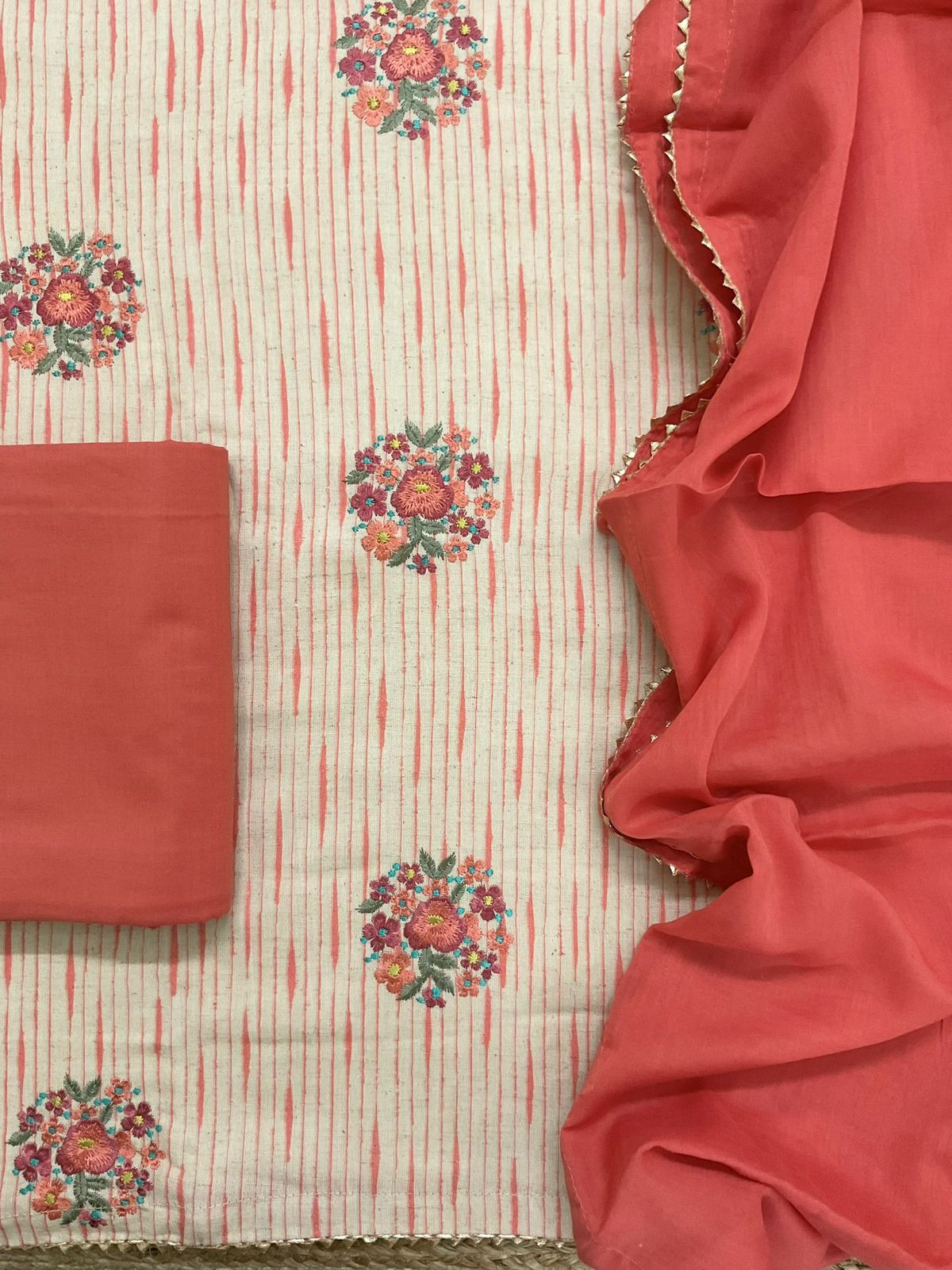 Pure Jute Cotton Printed Embroidered Suit - Peach