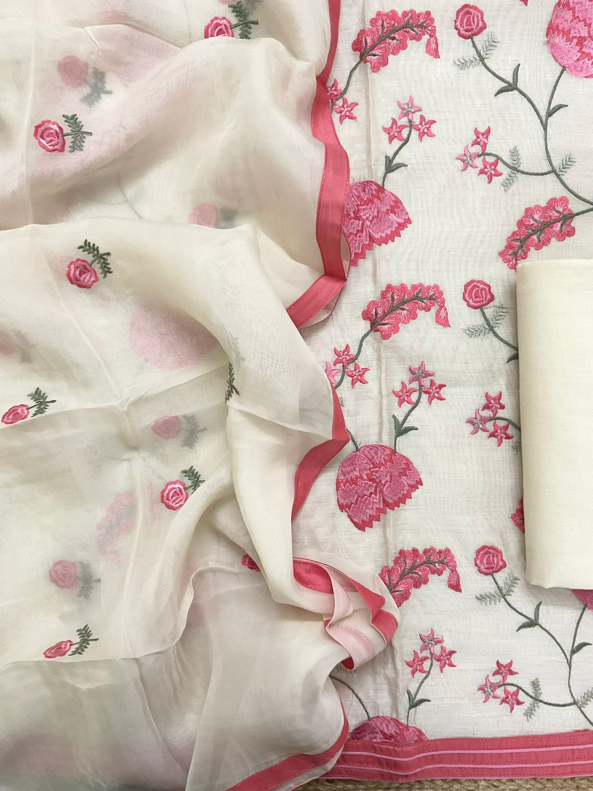 Pure Chanderi Embroidered Suit - Off White