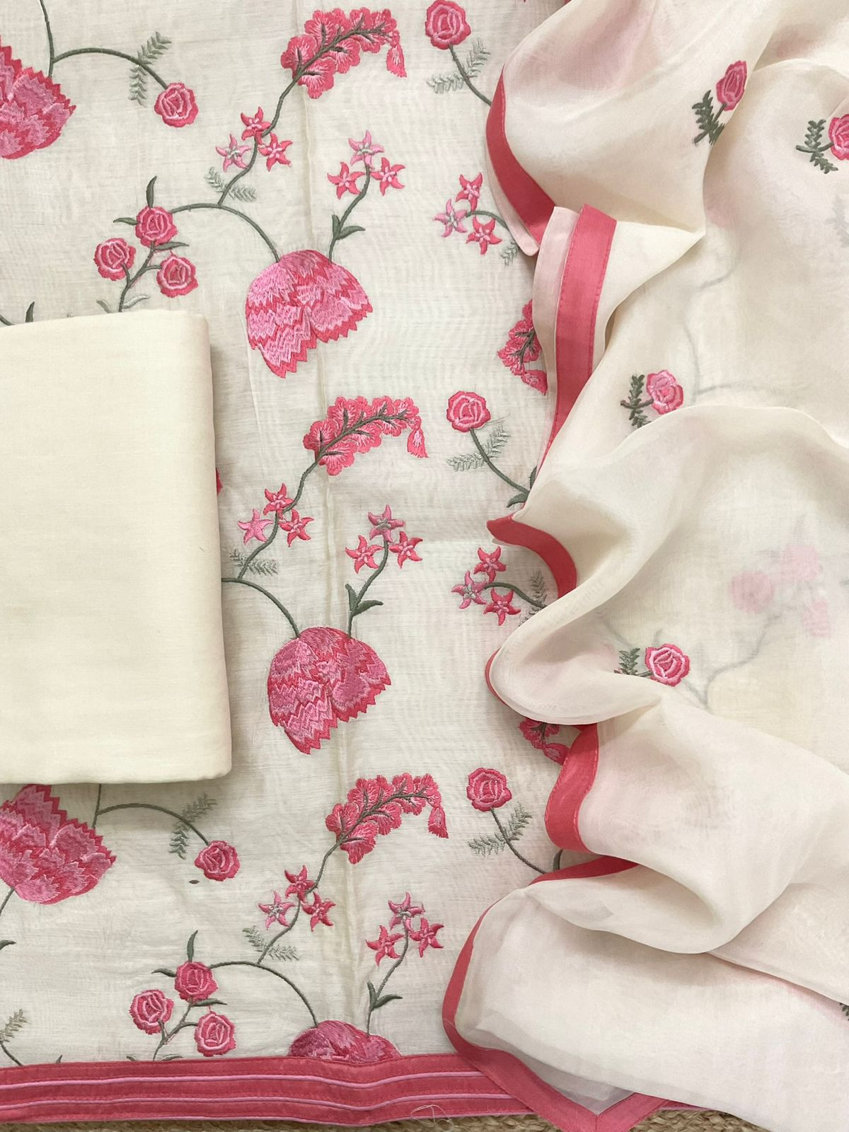 Pure Chanderi Embroidered Suit - Off White