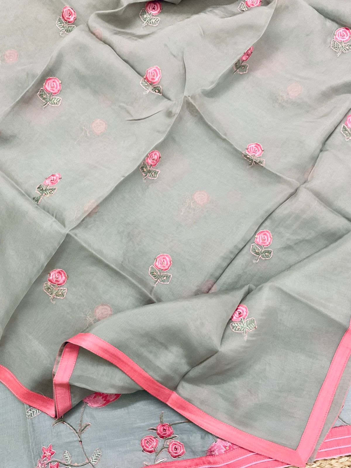 Pure Chanderi Embroidered Suit - Grey