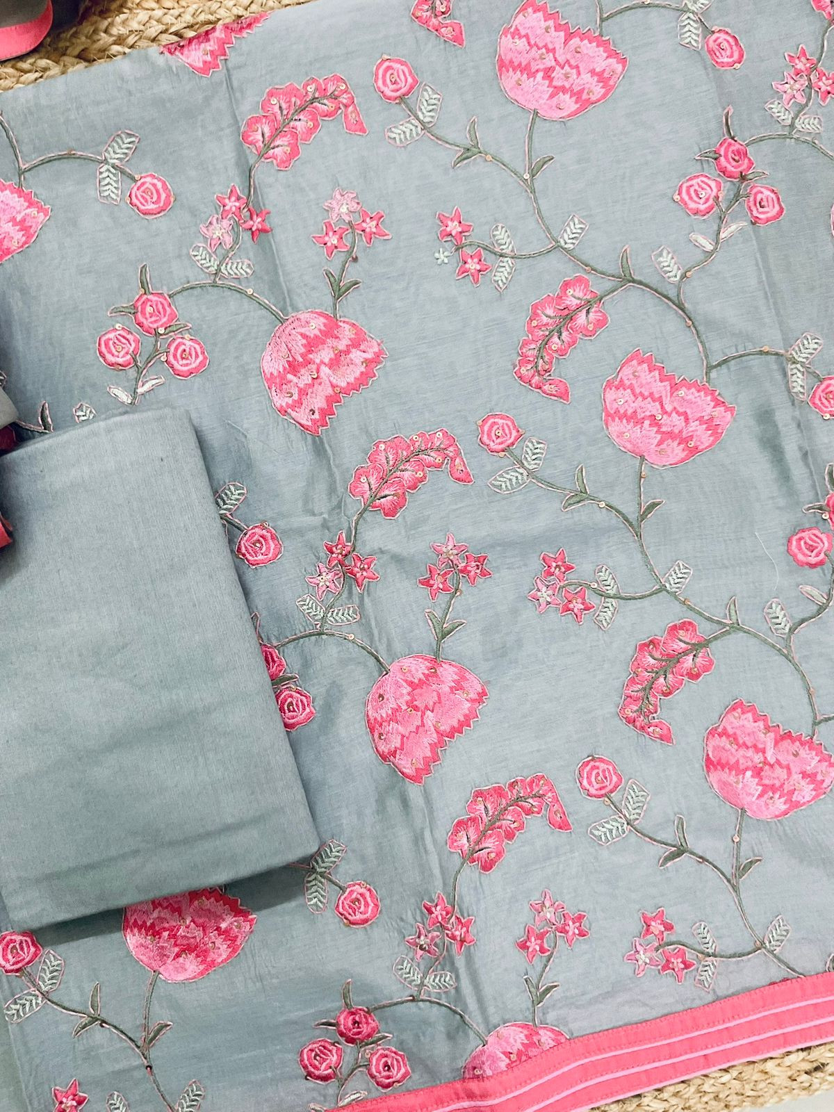 Pure Chanderi Embroidered Suit - Grey