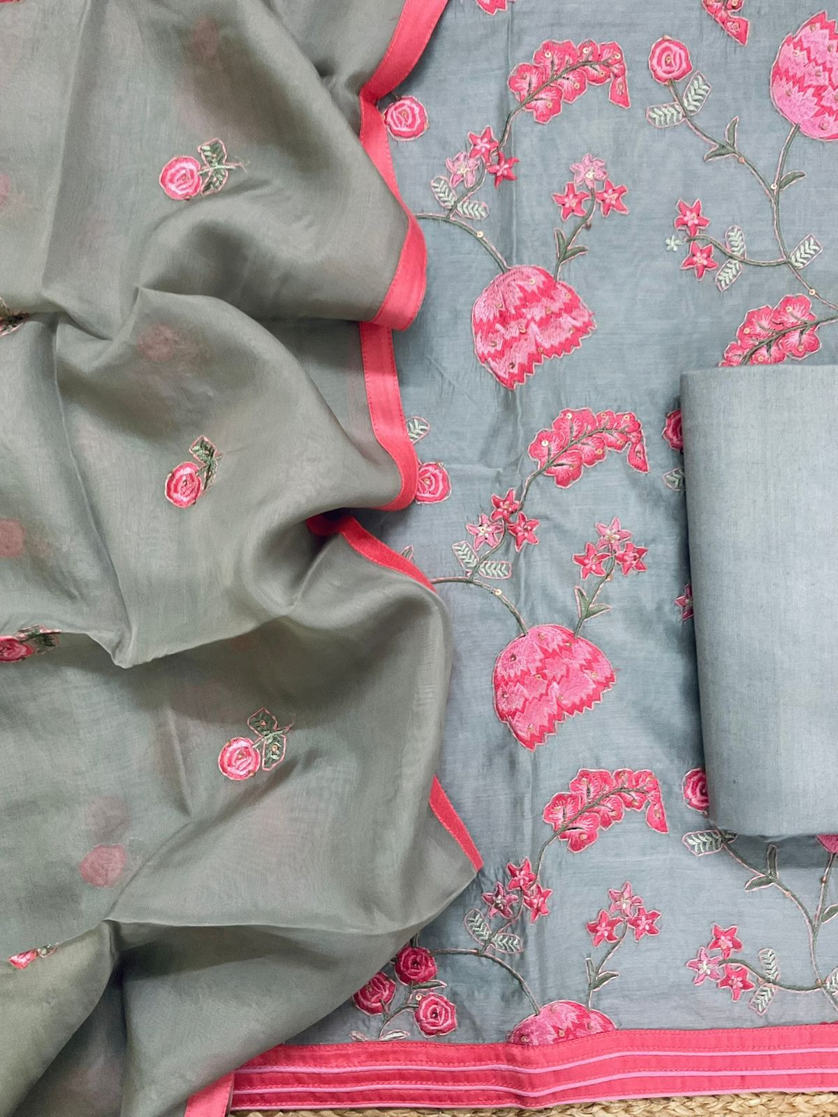 Pure Chanderi Embroidered Suit - Grey