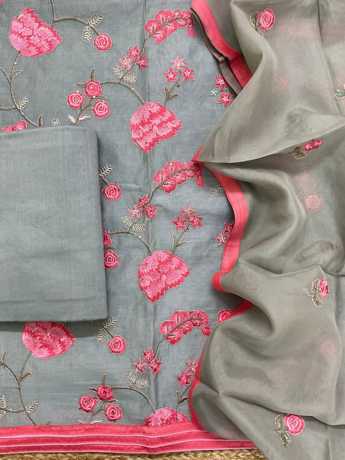 Pure Chanderi Embroidered Suit - Grey