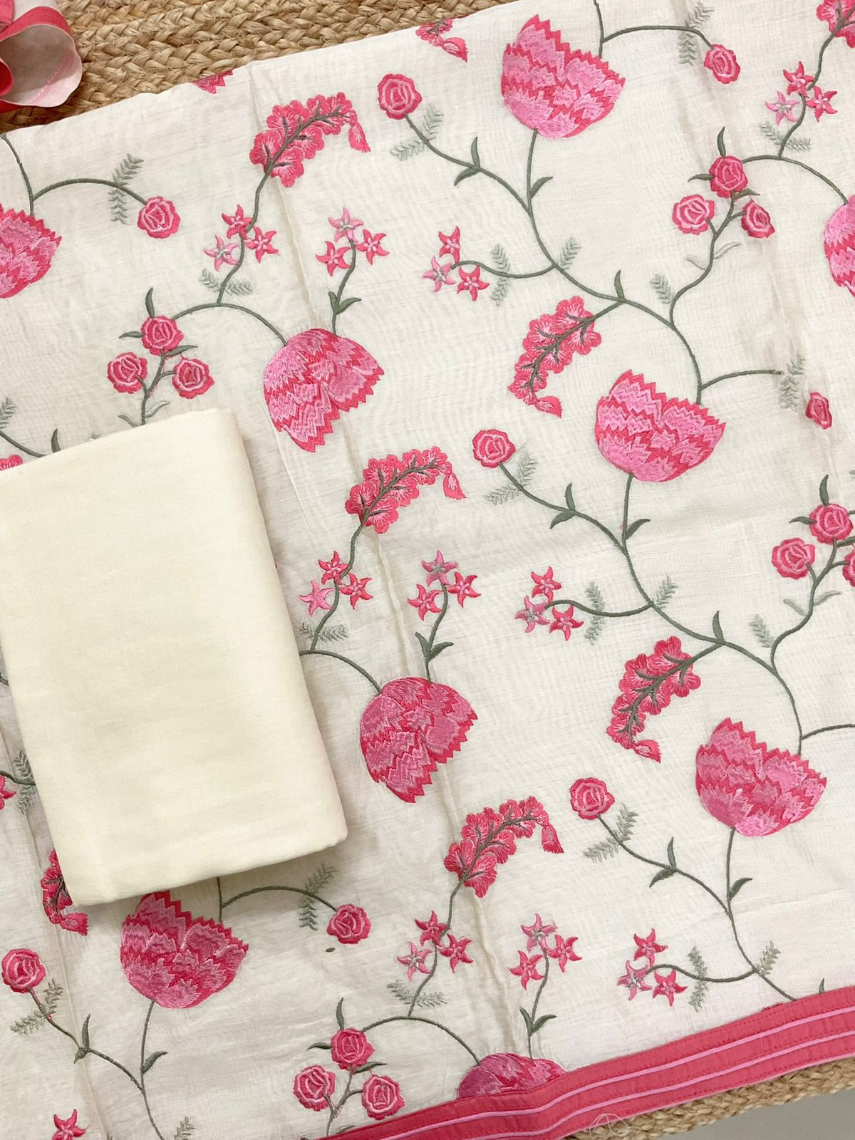 Pure Chanderi Embroidered Suit - Off White