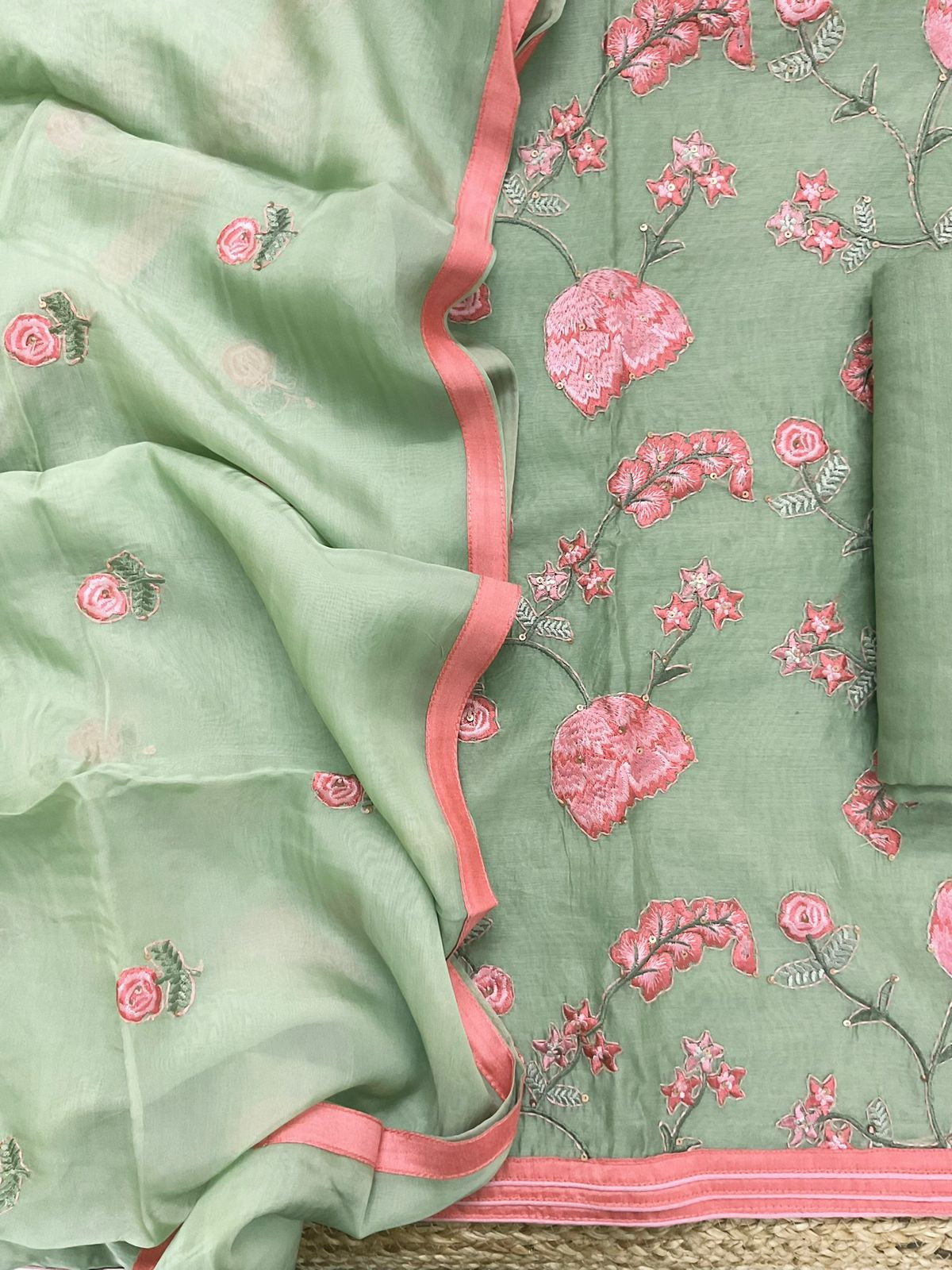 Pure Chanderi Embroidered Suit - Green