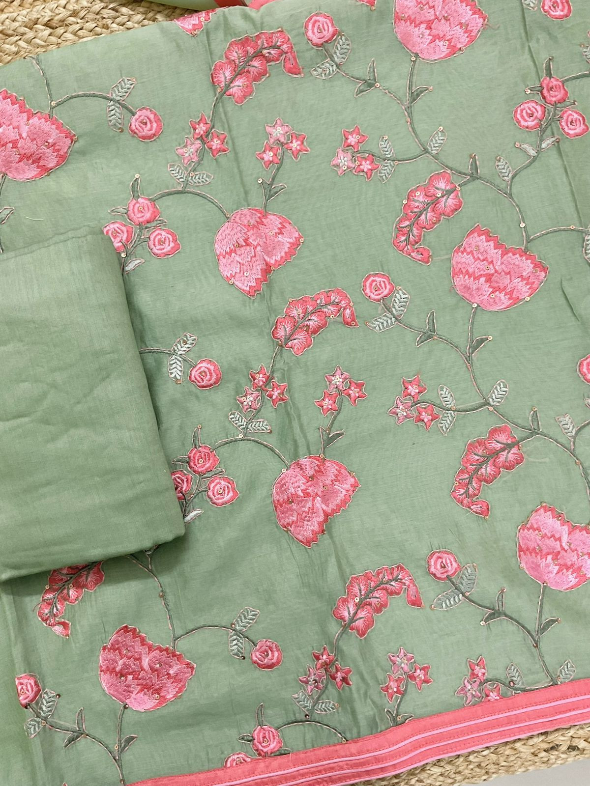 Pure Chanderi Embroidered Suit - Green